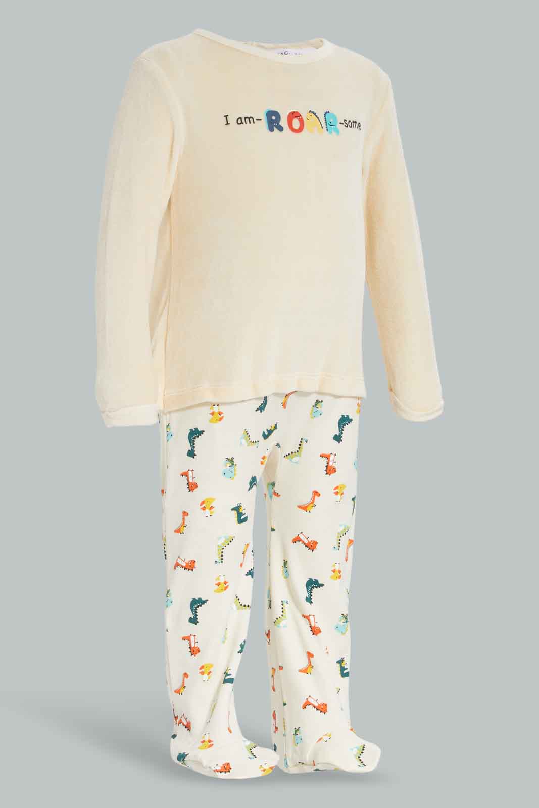 Redtag-Ecru-Mock-2Pc-Velour-Dino-Sleepsuit-Ecru-Category:Sleepsuits,-Colour:Apricot,-Deals:New-In,-Filter:Baby-(0-to-12-Mths),-NBF-Sleepsuits,-New-In-NBF-APL,-Non-Sale,-Section:Boys-(0-to-14Yrs),-W22B-Baby-0 to 12 Months