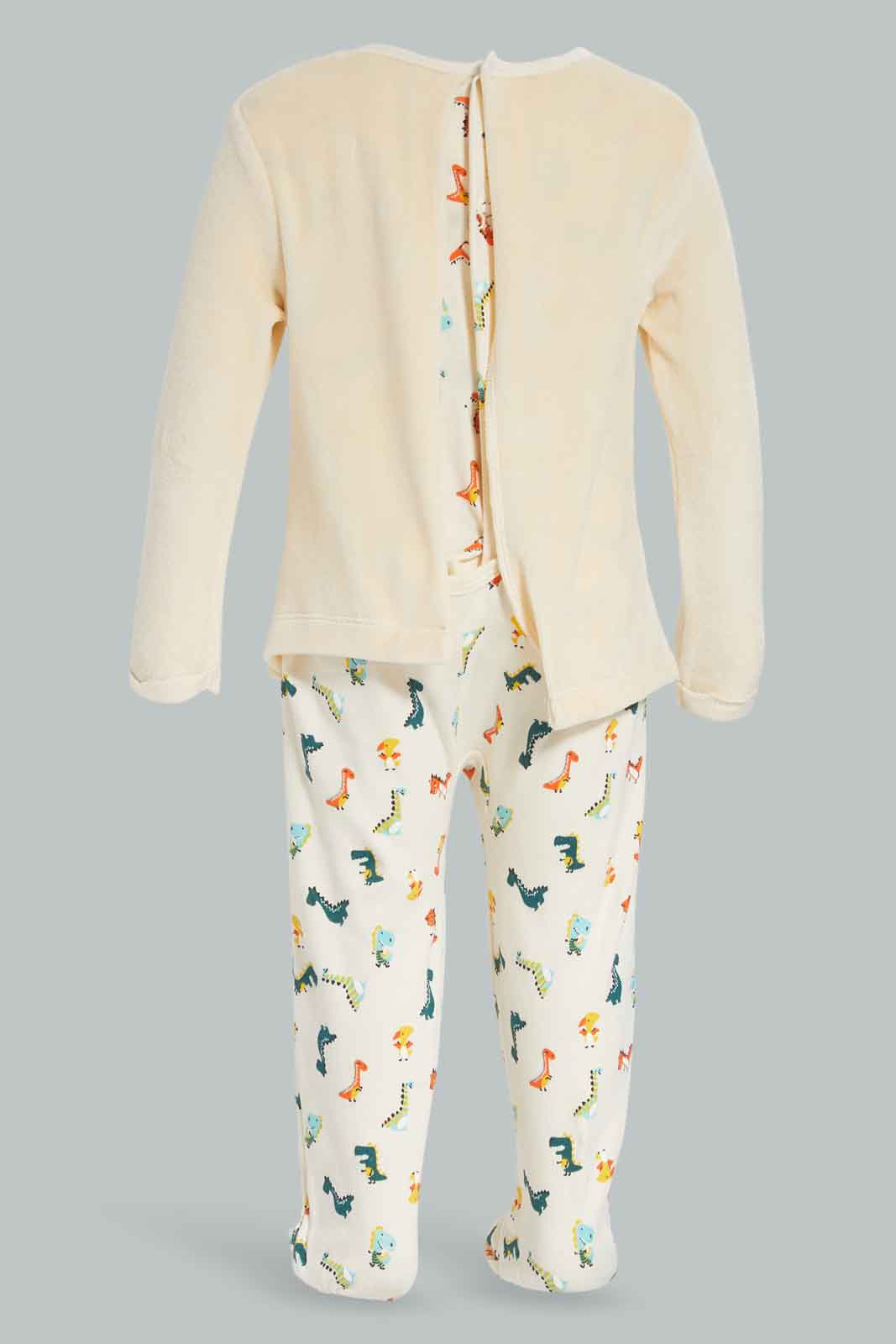 Redtag-Ecru-Mock-2Pc-Velour-Dino-Sleepsuit-Ecru-Category:Sleepsuits,-Colour:Apricot,-Deals:New-In,-Filter:Baby-(0-to-12-Mths),-NBF-Sleepsuits,-New-In-NBF-APL,-Non-Sale,-Section:Boys-(0-to-14Yrs),-W22B-Baby-0 to 12 Months