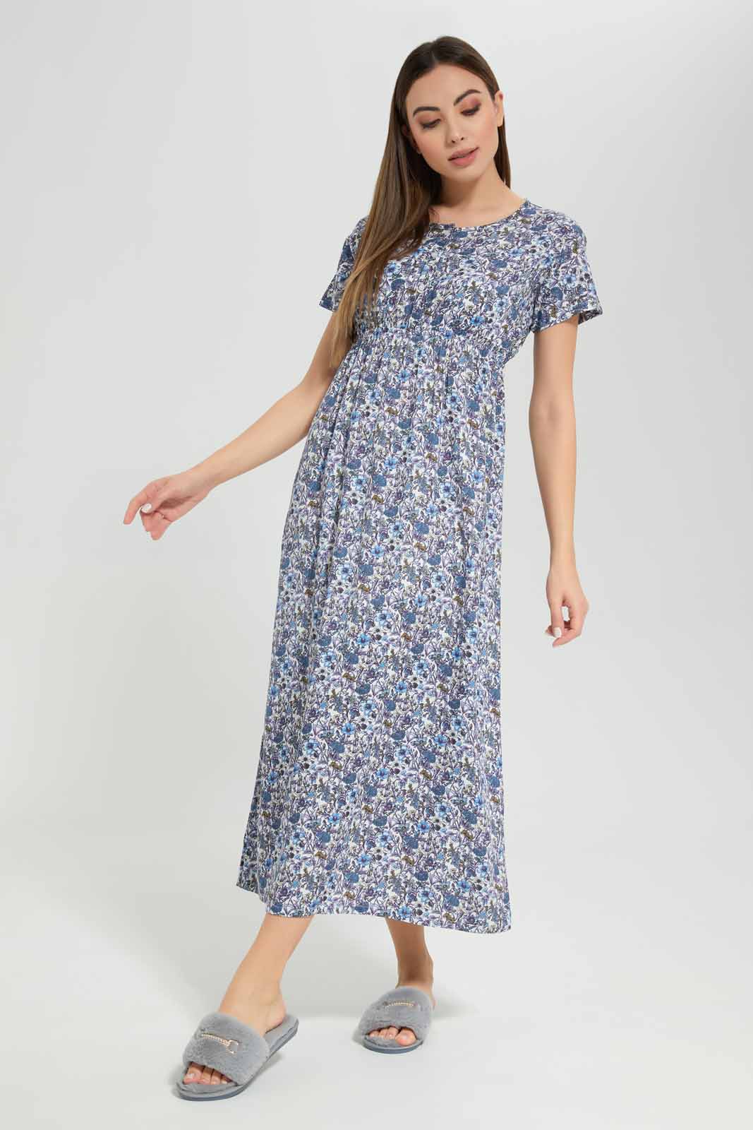 Women Blue Printed Nightgown