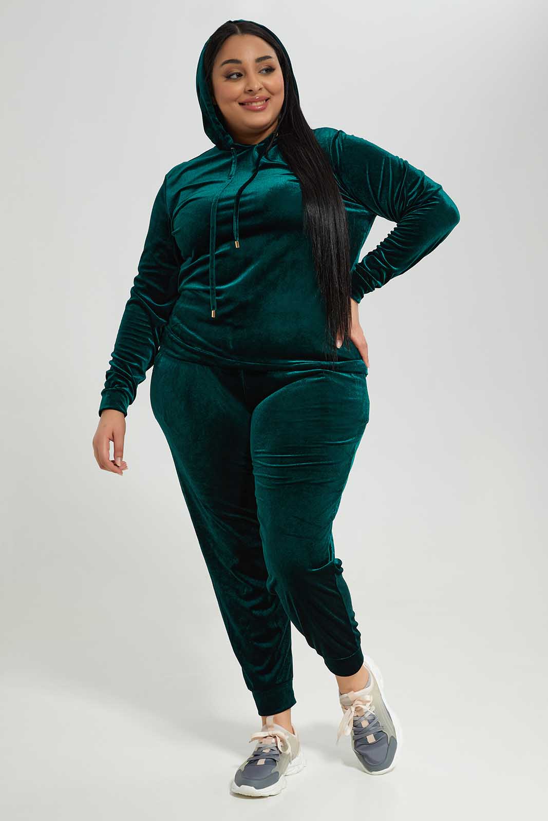 Redtag-Women-Dark-Green-Velour-Hooded-Sweatshirt-Category:Sweatshirts,-Colour:Olive,-Deals:New-In,-Dept:Ladieswear,-Filter:Plus-Size,-LDP-Sweatshirts,-New-In-LDP-APL,-Non-Sale,-Section:Women,-TBL,-W22B-Women's-
