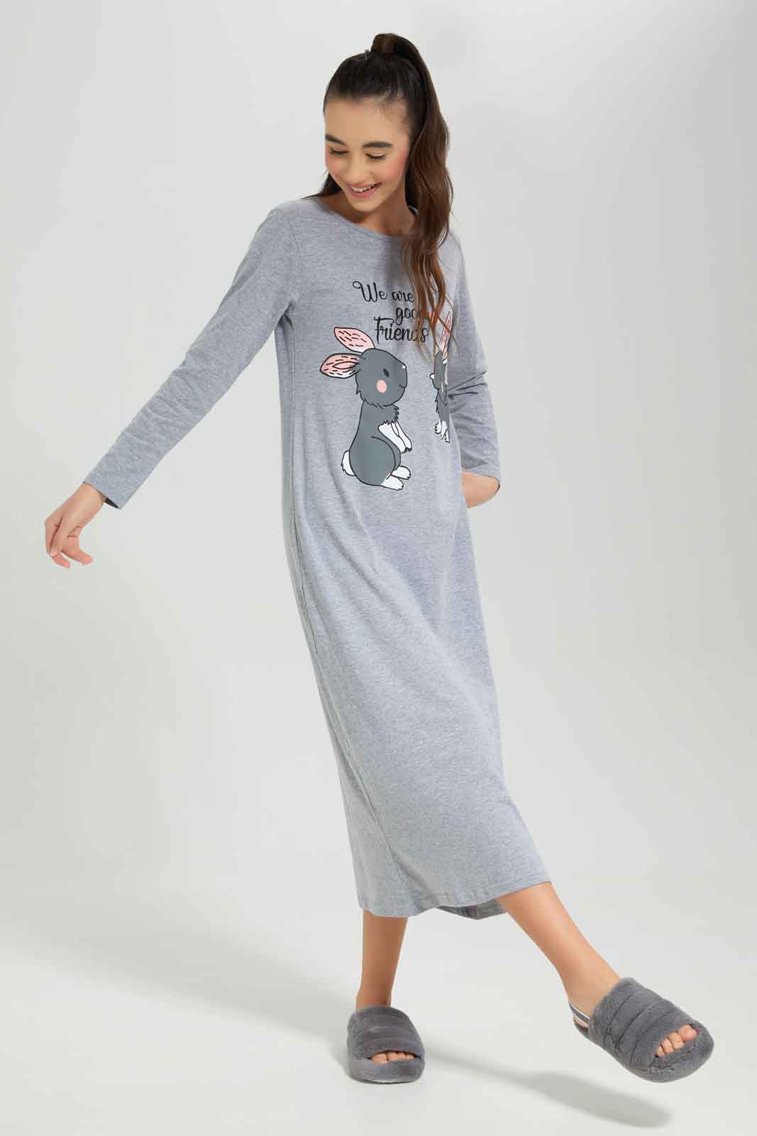 Redtag-Girls-Grey-Melange-Long-Sleeve-Ruffled-Sleeve-Nightdress-Category:Nightshirts,-Colour:Grey,-Deals:New-In,-Dept:Girls,-Filter:Senior-Girls-(8-to-14-Yrs),-GSR-Nightshirts,-New-In-GSR-APL,-Non-Sale,-Section:Girls-(0-to-14Yrs),-W22B-Senior-Girls-9 to 14 Years