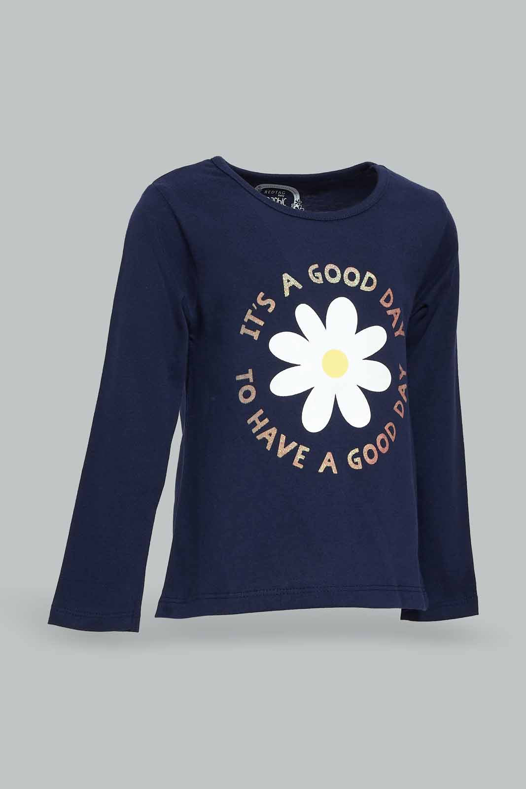 Redtag-Girls-Navy-Placement-Print-Graphic-Tee-Category:T-Shirts,-Colour:Navy,-Deals:New-In,-Dept:Girls,-Filter:Infant-Girls-(3-to-24-Mths),-ING-T-Shirts,-New-In-ING-APL,-Non-Sale,-S23A,-Section:Girls-(0-to-14Yrs),-TBL-Infant-Girls-3 to 24 Months
