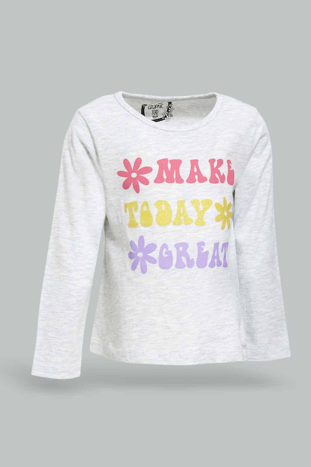 Redtag-Girls-Grey-Melange-Placement-Print-Graphic-Tee-Category:T-Shirts,-Colour:Grey,-Deals:New-In,-Dept:Girls,-Filter:Infant-Girls-(3-to-24-Mths),-ING-T-Shirts,-New-In-ING-APL,-Non-Sale,-S23A,-Section:Girls-(0-to-14Yrs),-TBL-Infant-Girls-3 to 24 Months