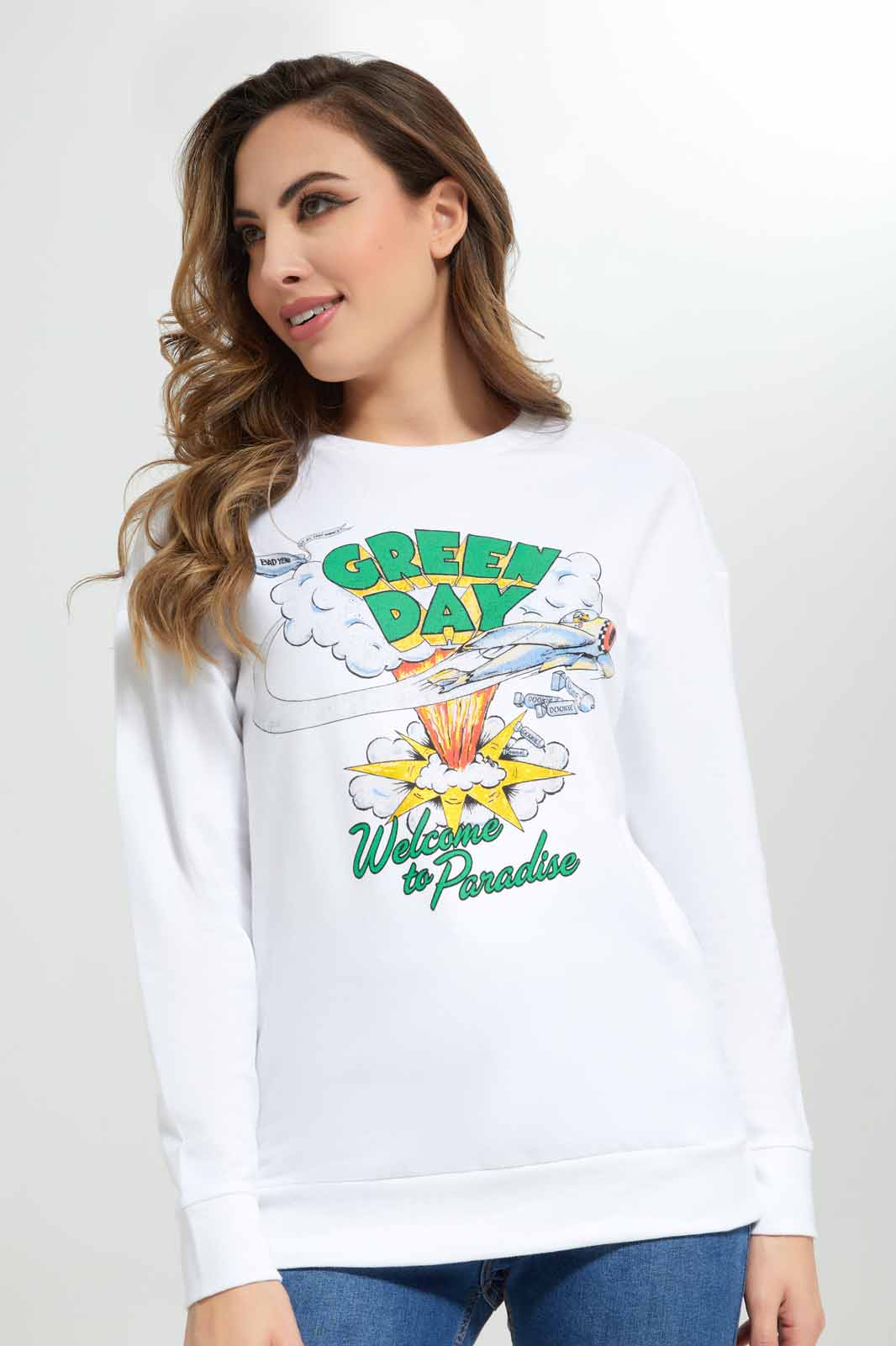 Redtag-Women-White-Green-Day-Placement-Print-Long-Sleeve-Sweatshirt-Category:Sweatshirts,-Colour:White,-Deals:New-In,-FF,-Filter:Women's-Clothing,-New-In-Women-APL,-Non-Sale,-Section:Women,-W22B,-Women-Sweatshirts-Women's-