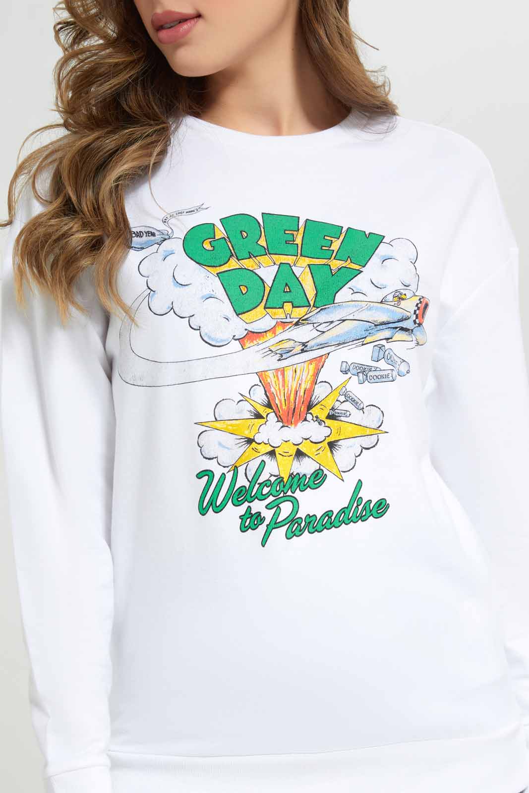 Redtag-Women-White-Green-Day-Placement-Print-Long-Sleeve-Sweatshirt-Category:Sweatshirts,-Colour:White,-Deals:New-In,-FF,-Filter:Women's-Clothing,-New-In-Women-APL,-Non-Sale,-Section:Women,-W22B,-Women-Sweatshirts-Women's-