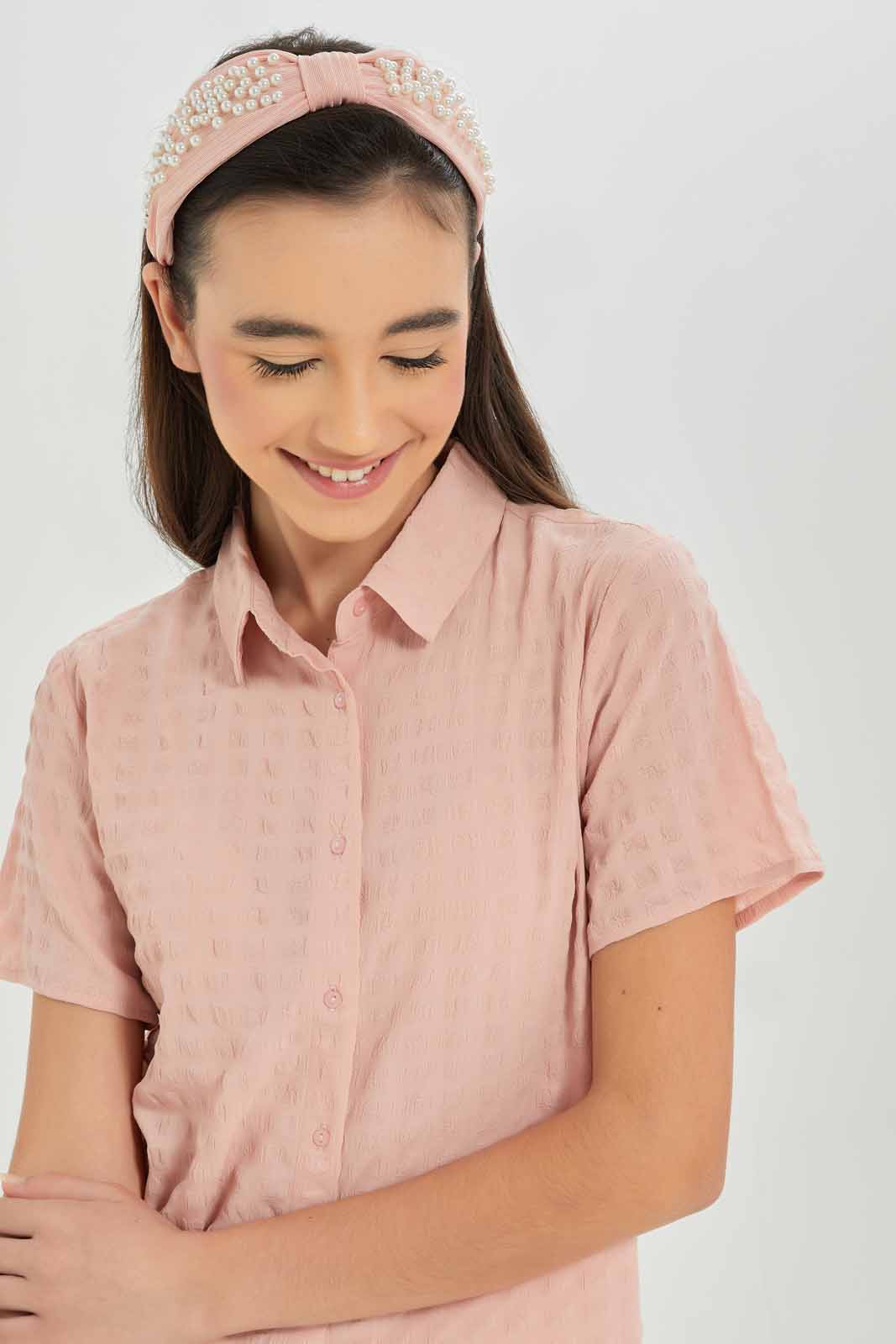 Redtag-Girls-Pink-Crinckled-Collared-Shirt-Category:Blouses,-Colour:Apricot,-Deals:New-In,-Dept:Girls,-Filter:Senior-Girls-(8-to-14-Yrs),-GSR-Blouses,-New-In-GSR-APL,-Non-Sale,-S23A,-Section:Girls-(0-to-14Yrs)-Senior-Girls-9 to 14 Years
