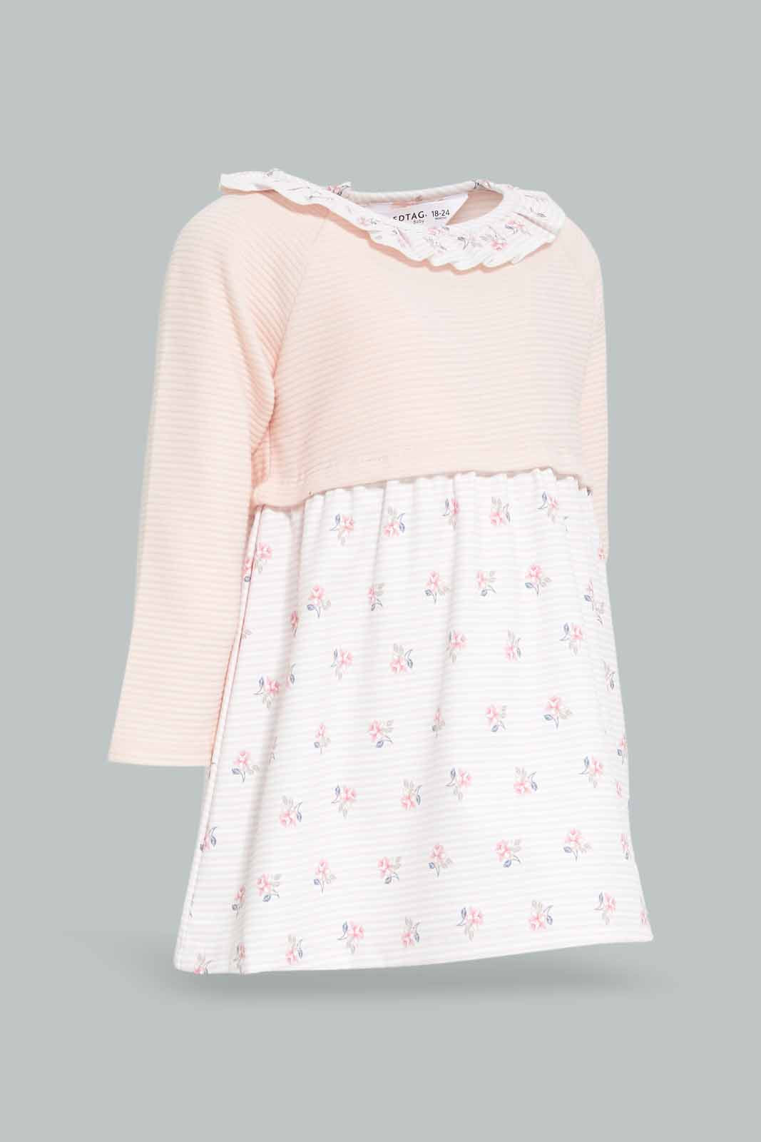 Redtag-Girls-Pink-Knit-With-Floral-Botom-Dress-Category:Dresses,-Colour:Apricot,-Deals:New-In,-Dept:Girls,-Filter:Infant-Girls-(3-to-24-Mths),-ING-Dresses,-New-In-ING-APL,-Non-Sale,-Section:Girls-(0-to-14Yrs),-W22B-Infant-Girls-3 to 24 Months