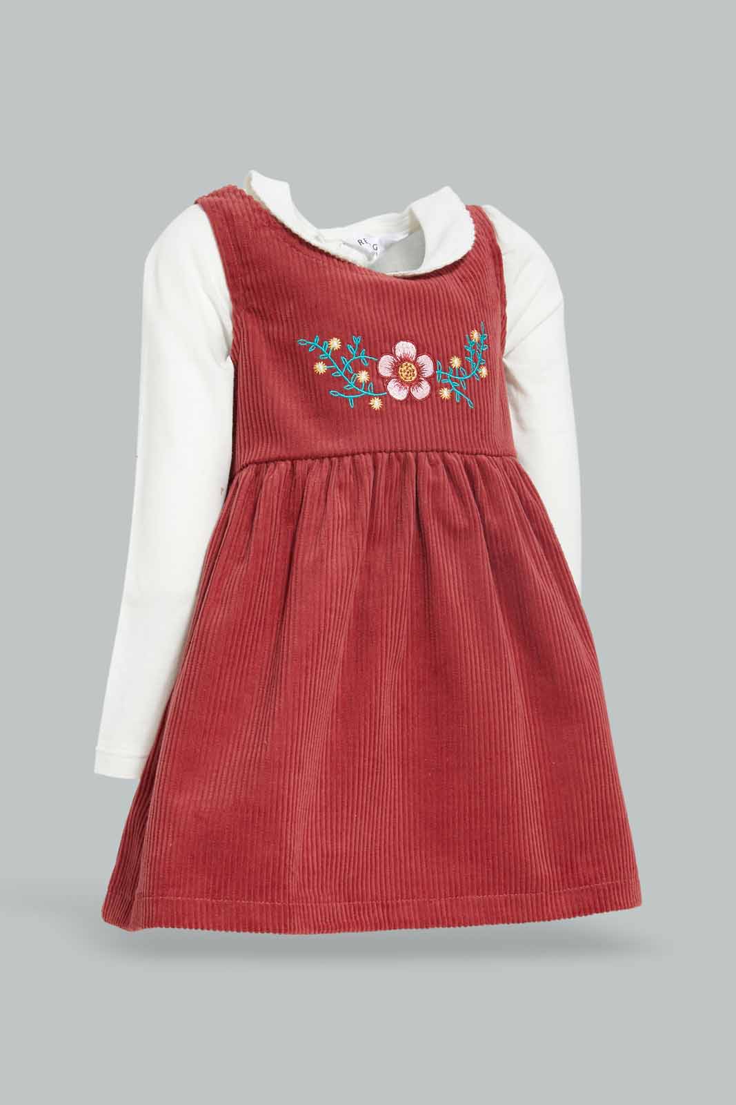 Redtag-Girls-Pink-Corduroy-Dress-With-Peterpan-Ivory-Solid-T-Shirt-Category:Dresses,-Colour:Ivory,-Deals:New-In,-Dept:Girls,-Filter:Infant-Girls-(3-to-24-Mths),-ING-Dresses,-New-In-ING-APL,-Non-Sale,-Section:Girls-(0-to-14Yrs),-W22B-Infant-Girls-3 to 24 Months