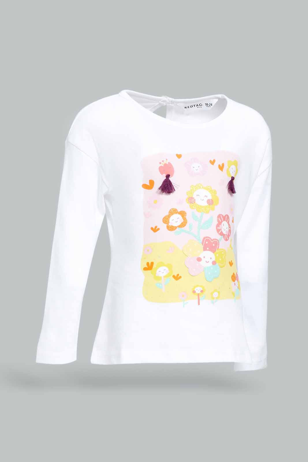 Redtag-Girls-White-Floral-Print-Tee-Category:T-Shirts,-Colour:White,-Deals:New-In,-Dept:Girls,-Filter:Infant-Girls-(3-to-24-Mths),-ING-T-Shirts,-New-In-ING-APL,-Non-Sale,-S23A,-Section:Girls-(0-to-14Yrs)-Infant-Girls-3 to 24 Months