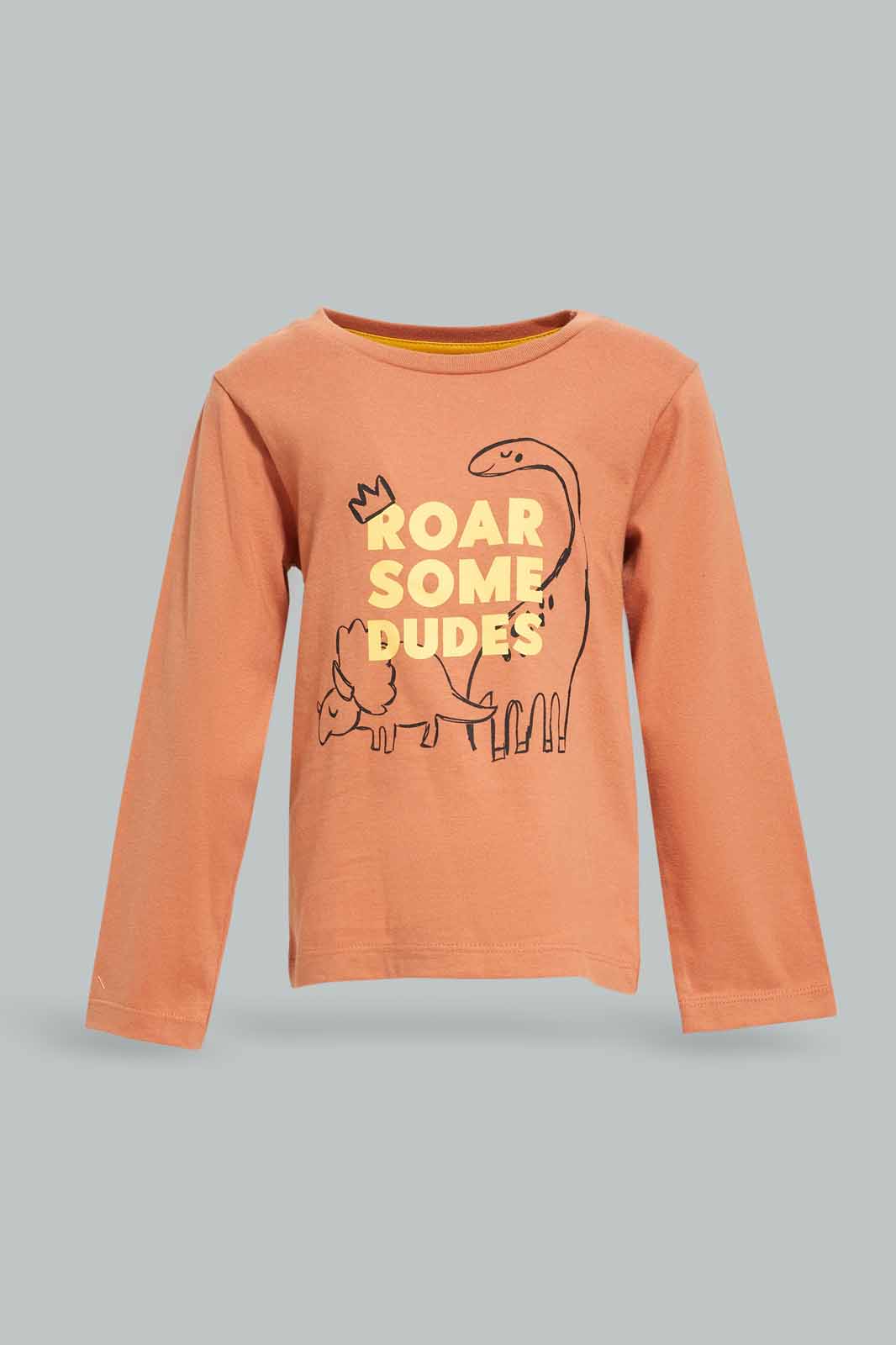 Redtag-Boys-Rust-Dino-Roar-Some-Dude-Ls-T-Shirt-Category:T-Shirts,-Colour:Tan,-Deals:New-In,-Dept:Boys,-Filter:Infant-Boys-(3-to-24-Mths),-INB-T-Shirts,-New-In-INB-APL,-Non-Sale,-S23A,-Section:Boys-(0-to-14Yrs),-TBL-Infant-Boys-3 to 24 Months