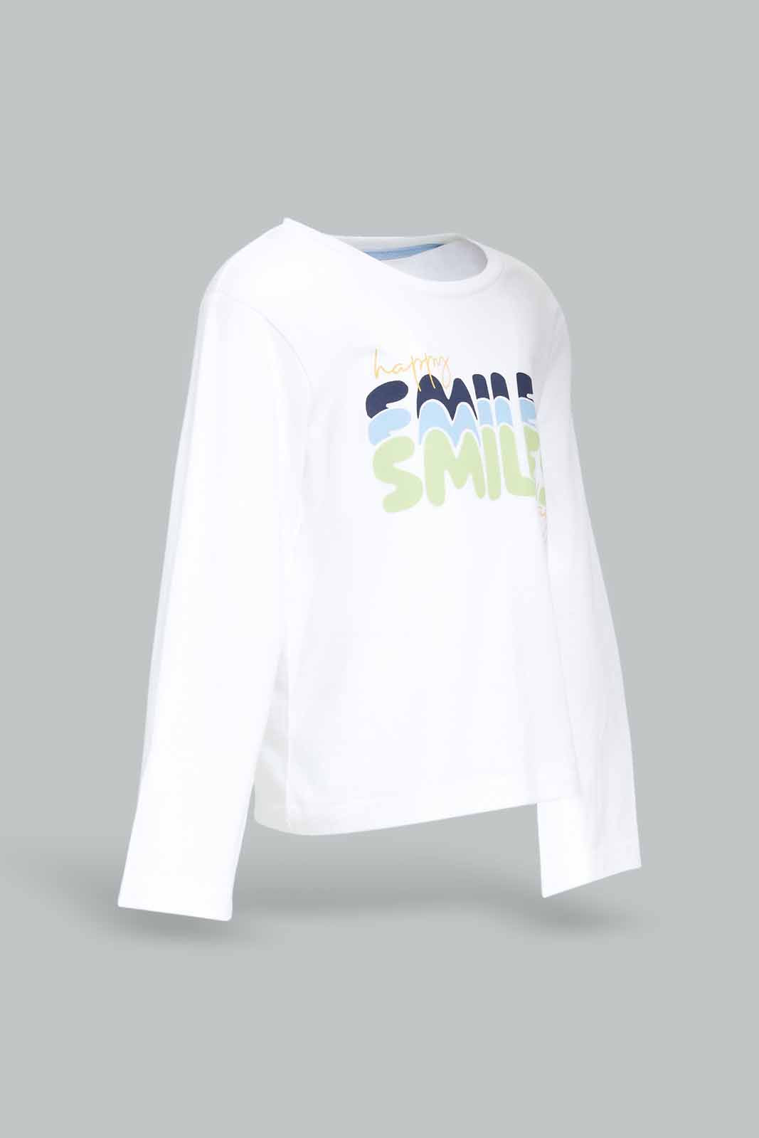 Redtag-Boys-White-Smile-Chest-Print-Ls-Tshirt-Category:T-Shirts,-Colour:White,-Deals:New-In,-Dept:Boys,-Filter:Infant-Boys-(3-to-24-Mths),-INB-T-Shirts,-New-In-INB-APL,-Non-Sale,-S23A,-Section:Boys-(0-to-14Yrs),-TBL-Infant-Boys-3 to 24 Months