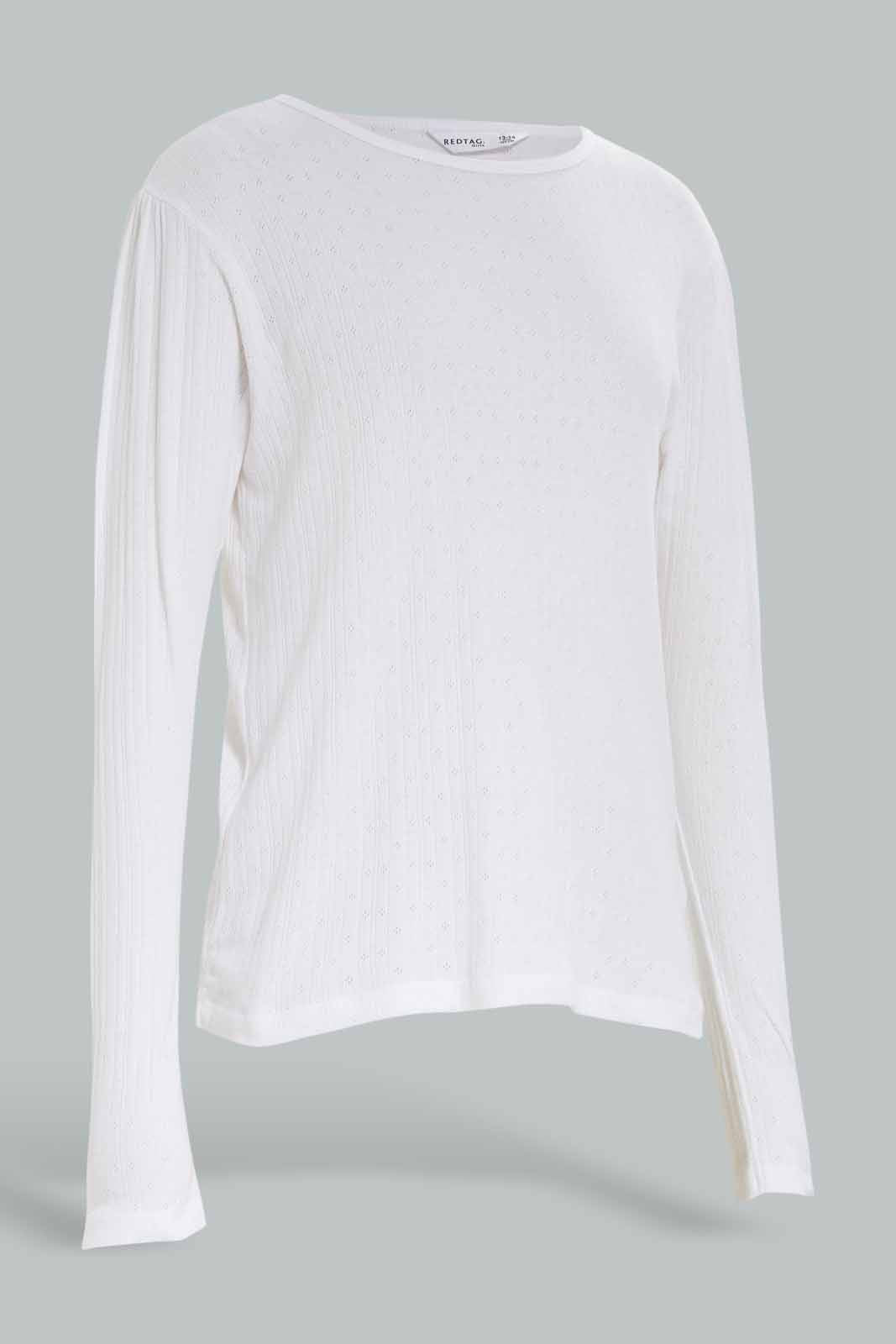 Redtag-Girls-White-Pointelle-Top-Category:T-Shirts,-Colour:White,-Deals:New-In,-Dept:Girls,-Filter:Senior-Girls-(8-to-14-Yrs),-GSR-T-Shirts,-New-In-GSR-APL,-Non-Sale,-S23A,-Section:Girls-(0-to-14Yrs),-TBL-Senior-Girls-9 to 14 Years