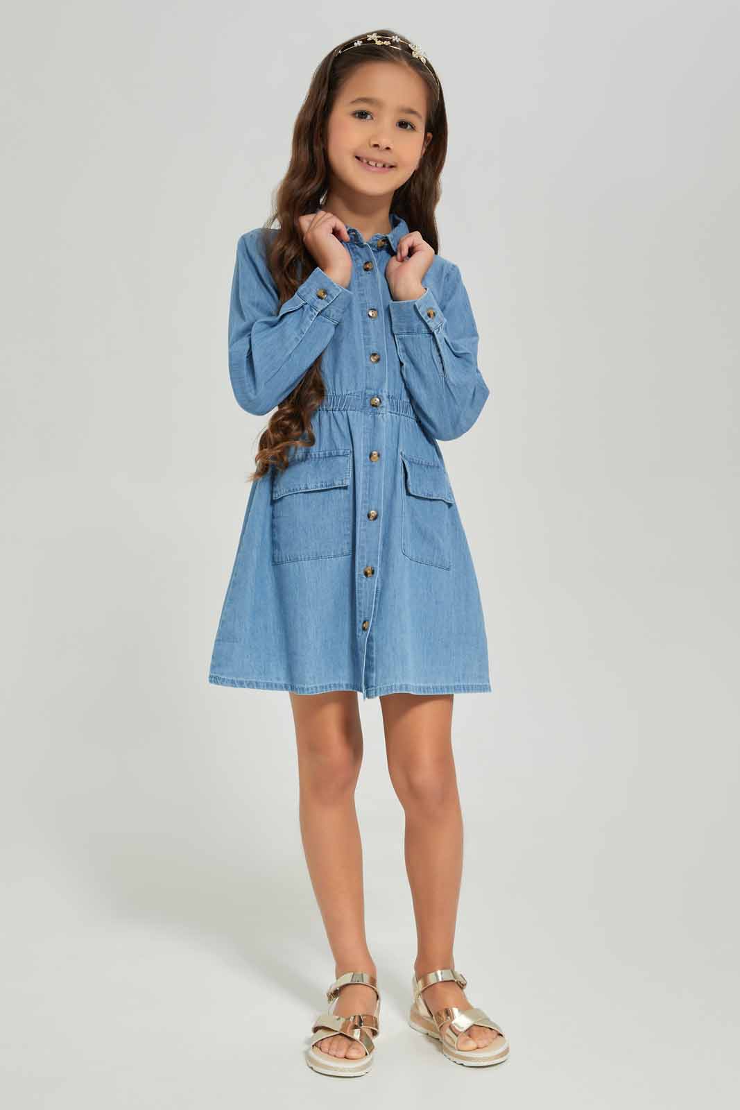 Redtag-Girls-Blue-Ls-Shirt-Dress-Chambray-Category:Dresses,-Colour:Blue,-Deals:New-In,-Dept:Girls,-Filter:Girls-(2-to-8-Yrs),-GIR-Dresses,-New-In-GIR-APL,-Non-Sale,-S23A,-Section:Girls-(0-to-14Yrs)-Girls-2 to 8 Years