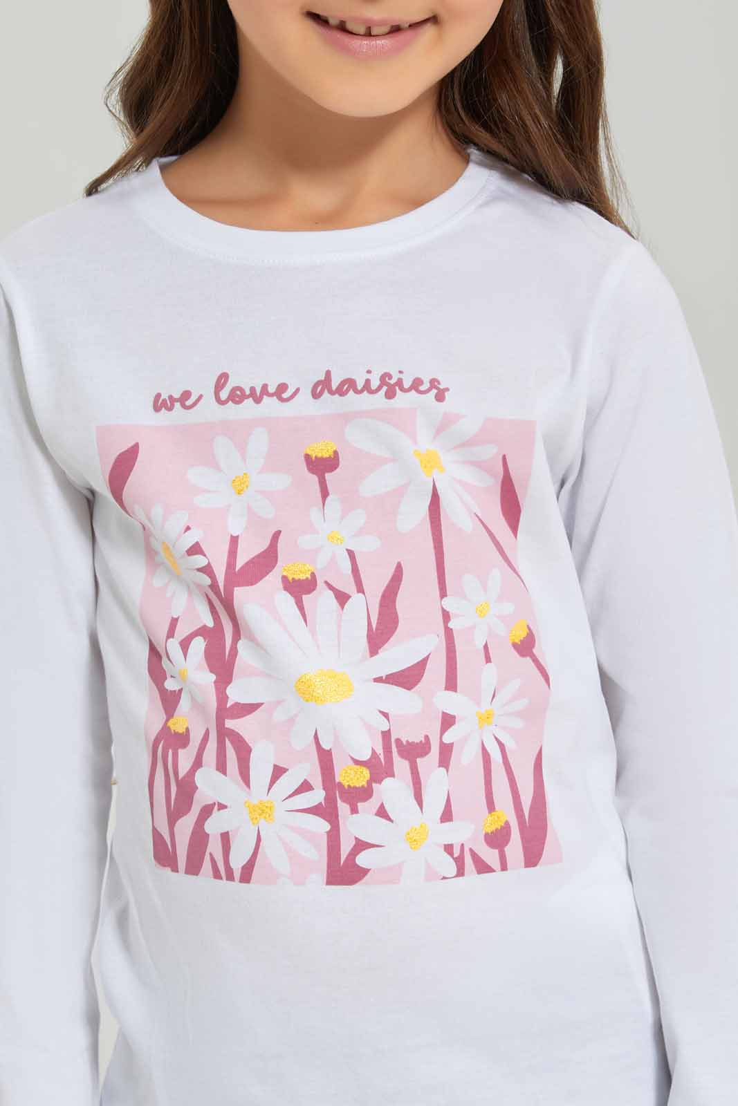 Redtag-Girls-White-Daisy-Print-Tee-Category:T-Shirts,-Colour:White,-Deals:New-In,-Dept:Girls,-Filter:Girls-(2-to-8-Yrs),-GIR-T-Shirts,-New-In-GIR-APL,-Non-Sale,-S23A,-Section:Girls-(0-to-14Yrs),-TBL-Girls-2 to 8 Years