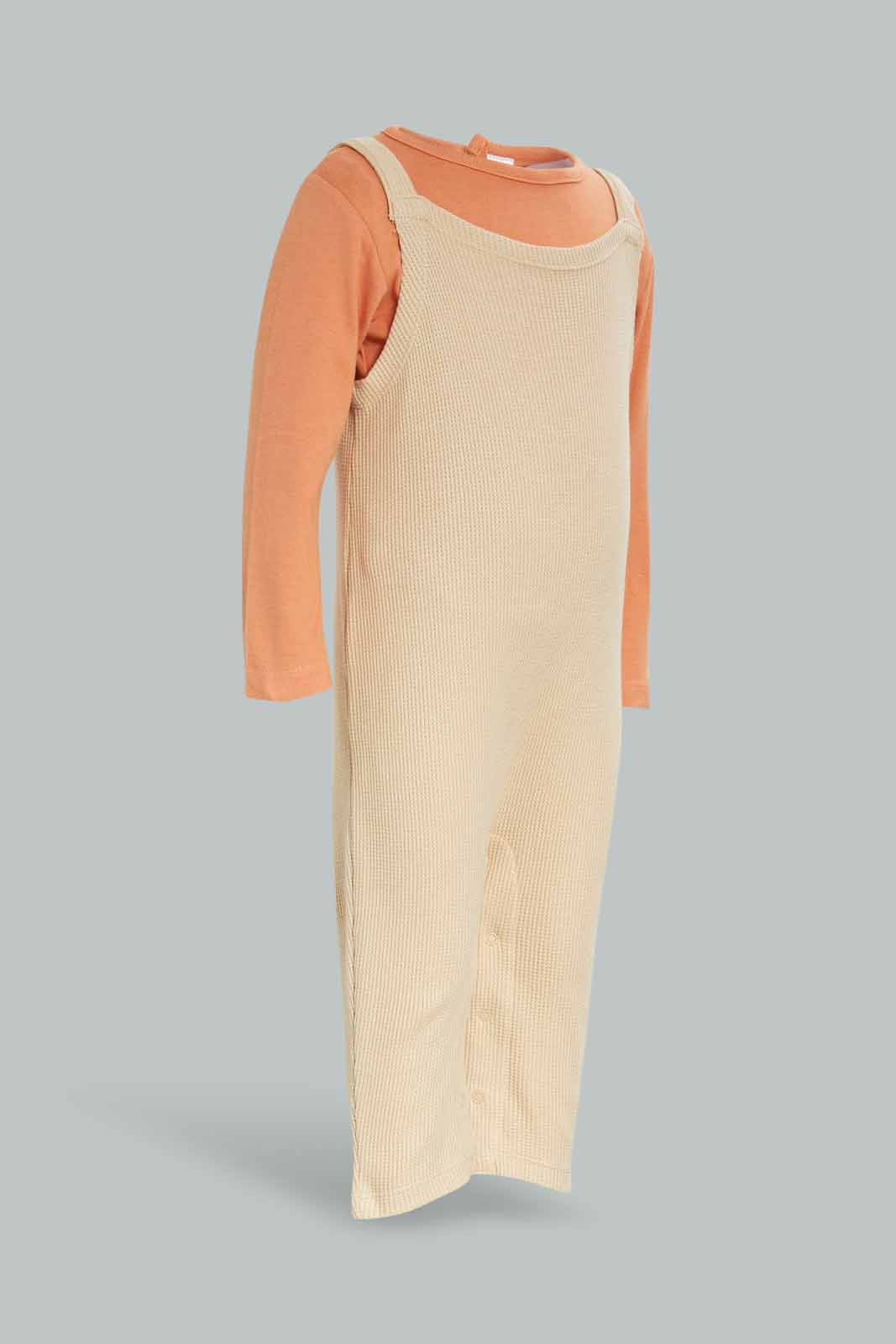 Redtag-Girls-2Pc-Waffle-Dungaree-And-Ls-Tshirt-Girl-Beige-Category:Rompers,-Colour:Assorted,-Deals:New-In,-Dept:New-Born,-Filter:Baby-(0-to-12-Mths),-NBG-Rompers,-New-In-NBG-APL,-Non-Sale,-S23A,-Section:Boys-(0-to-14Yrs)-Baby-0 to 12 Months