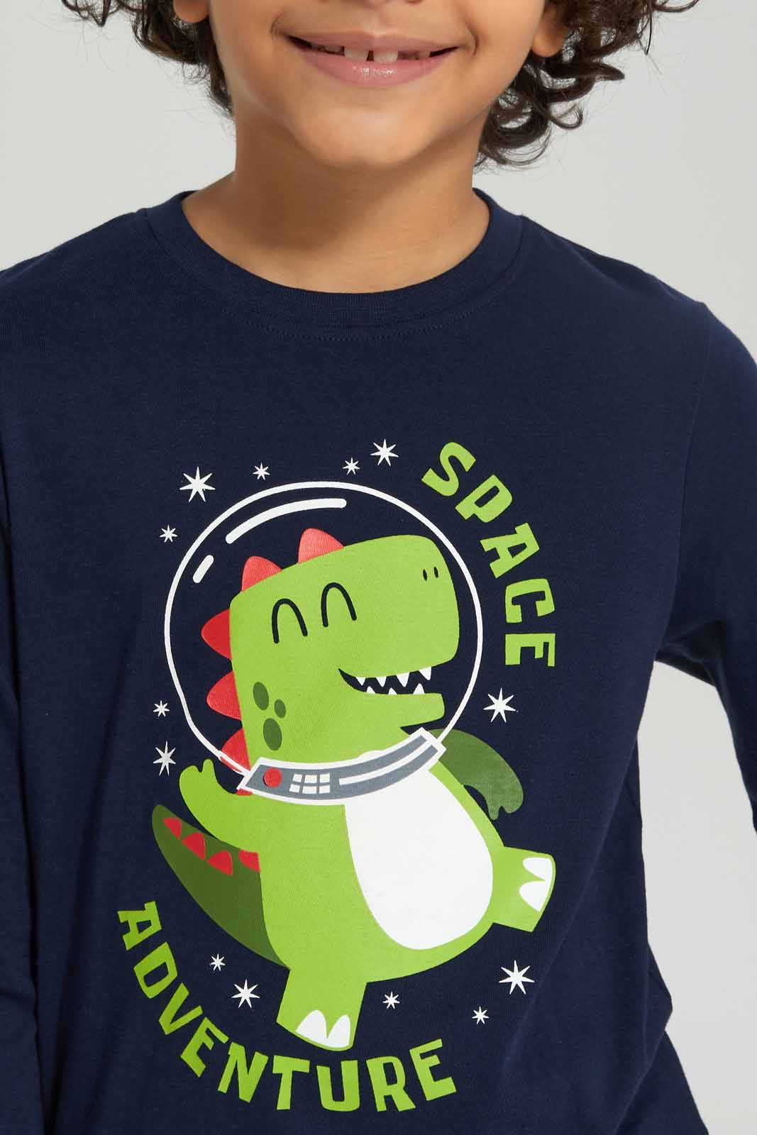 Redtag-Boys-Navy-Dino-Long-Sleeve-Graphic-T-Shirt-BOY-T-Shirts,-Category:T-Shirts,-Colour:Navy,-Deals:New-In,-Dept:Boys,-Filter:Boys-(2-to-8-Yrs),-New-In-BOY-APL,-Non-Sale,-S23A,-Section:Boys-(0-to-14Yrs),-TBL-Boys-2 to 8 Years