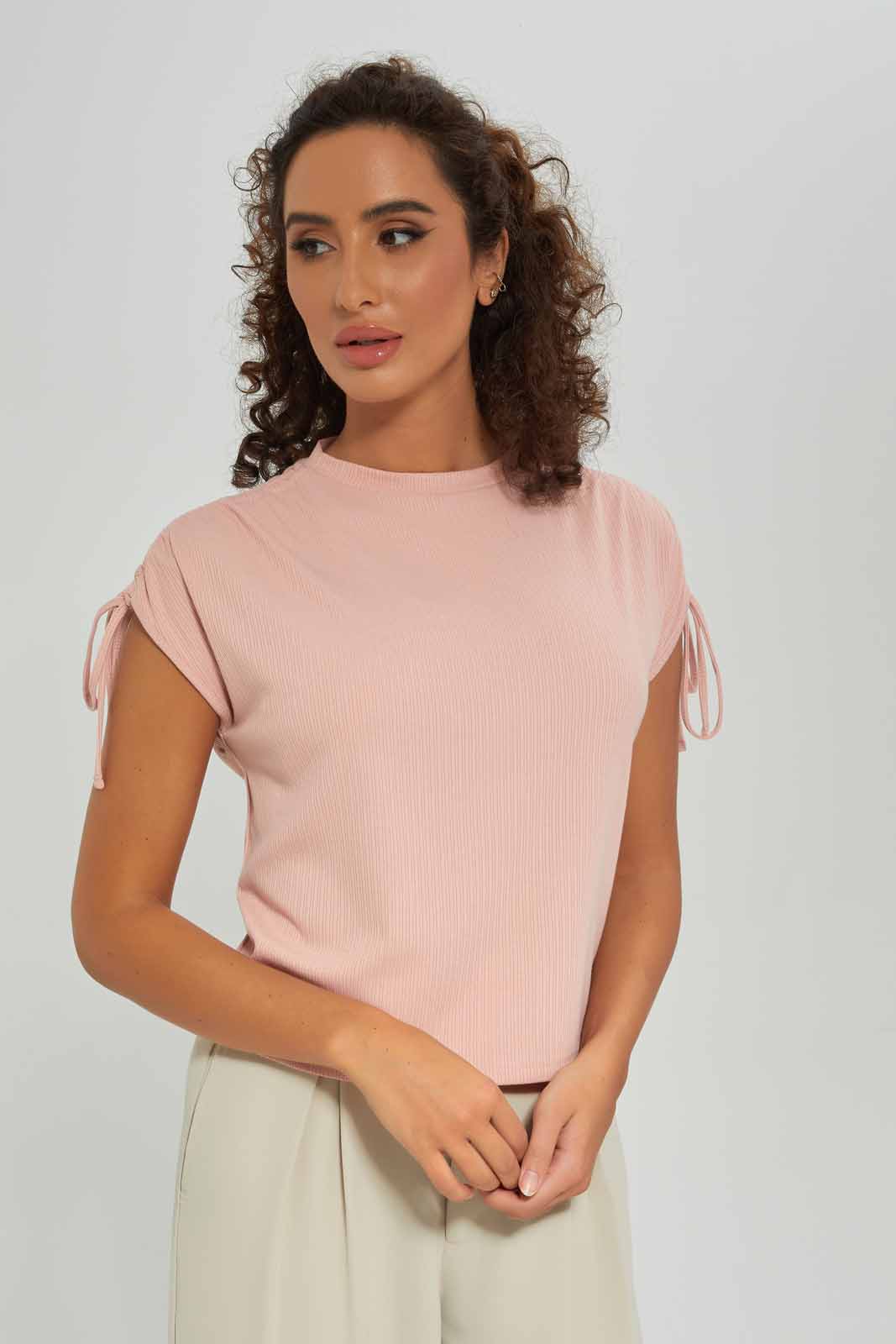 Redtag-Women-Pale-Pink-Ruched-Shoulder-Top-Category:T-Shirts,-Colour:Apricot,-Deals:New-In,-Dept:Ladieswear,-Filter:Women's-Clothing,-New-In-Women-APL,-Non-Sale,-S23A,-Section:Women,-Women-T-Shirts-Women's-