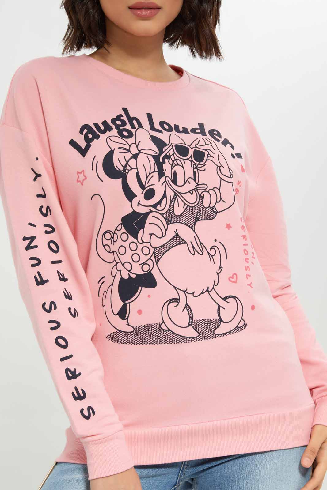 Redtag-Women-Pink-Minnie-And-Daisy-Printed-Sweatshirt-Category:Sweatshirts,-CHA,-Colour:Apricot,-Deals:New-In,-Dept:Ladieswear,-Filter:Women's-Clothing,-New-In-Women-APL,-Non-Sale,-S23A,-Section:Women,-TBL,-Women-Sweatshirts-Women's-
