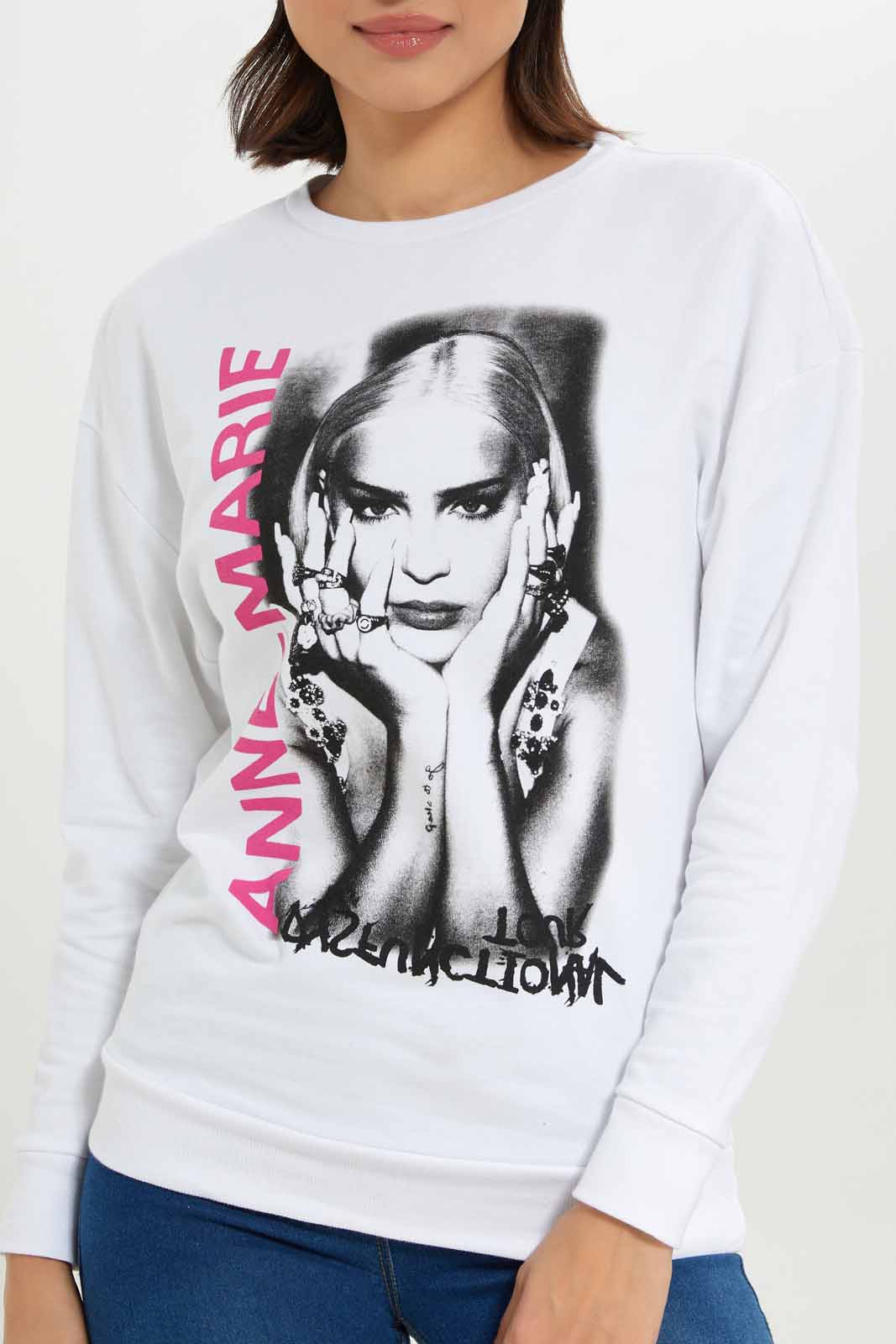 Redtag-Women-White-Anne-Marie-Printed-Sweatshirt-Category:Sweatshirts,-Colour:White,-Deals:New-In,-Dept:Ladieswear,-Filter:Women's-Clothing,-New-In-Women-APL,-Non-Sale,-S23A,-Section:Women,-TBL,-Women-Sweatshirts-Women's-