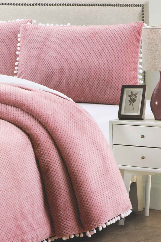 Redtag-Pink-3-Pc-Textured-Fur-Comforter-With-Pompom-(King-Size)-Category:Comforters,-Colour:Pink,-Deals:New-In,-Dept:Home,-Filter:Home-Bedroom,-HMW-BED-Comforters,-New-In-HMW-BED,-Non-Sale,-S23A,-Section:Homewares-Home-Bedroom-