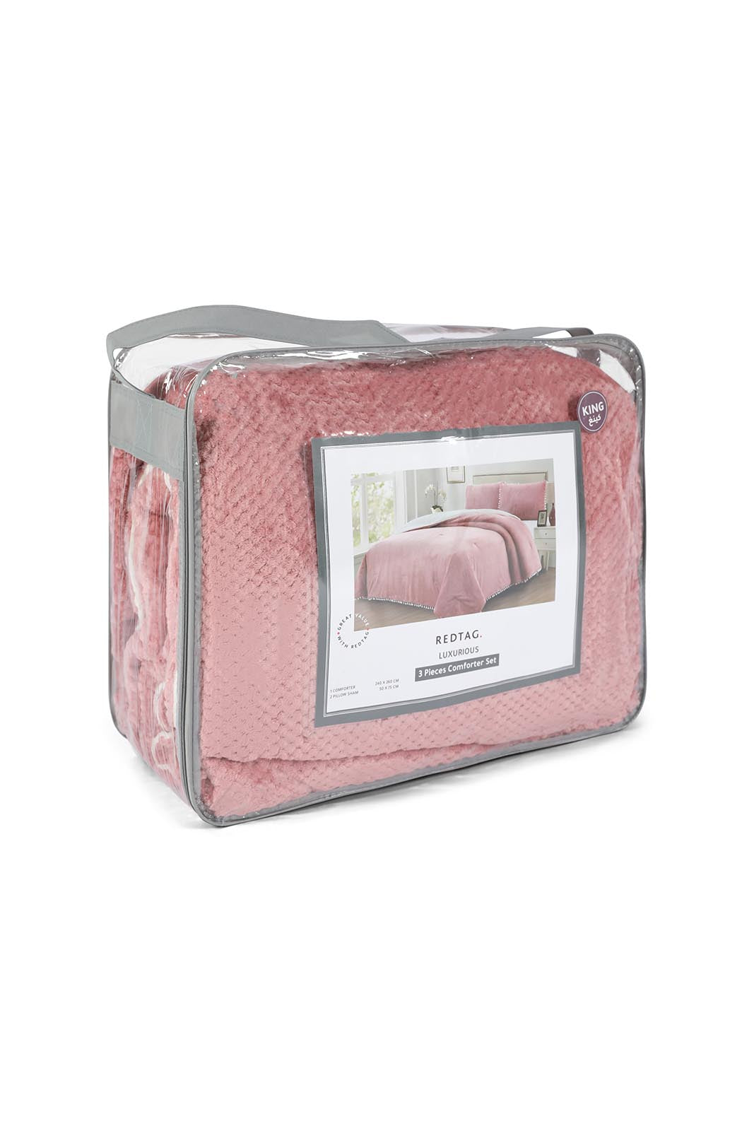 Redtag-Pink-3-Pc-Textured-Fur-Comforter-With-Pompom-(King-Size)-Category:Comforters,-Colour:Pink,-Deals:New-In,-Dept:Home,-Filter:Home-Bedroom,-HMW-BED-Comforters,-New-In-HMW-BED,-Non-Sale,-S23A,-Section:Homewares-Home-Bedroom-