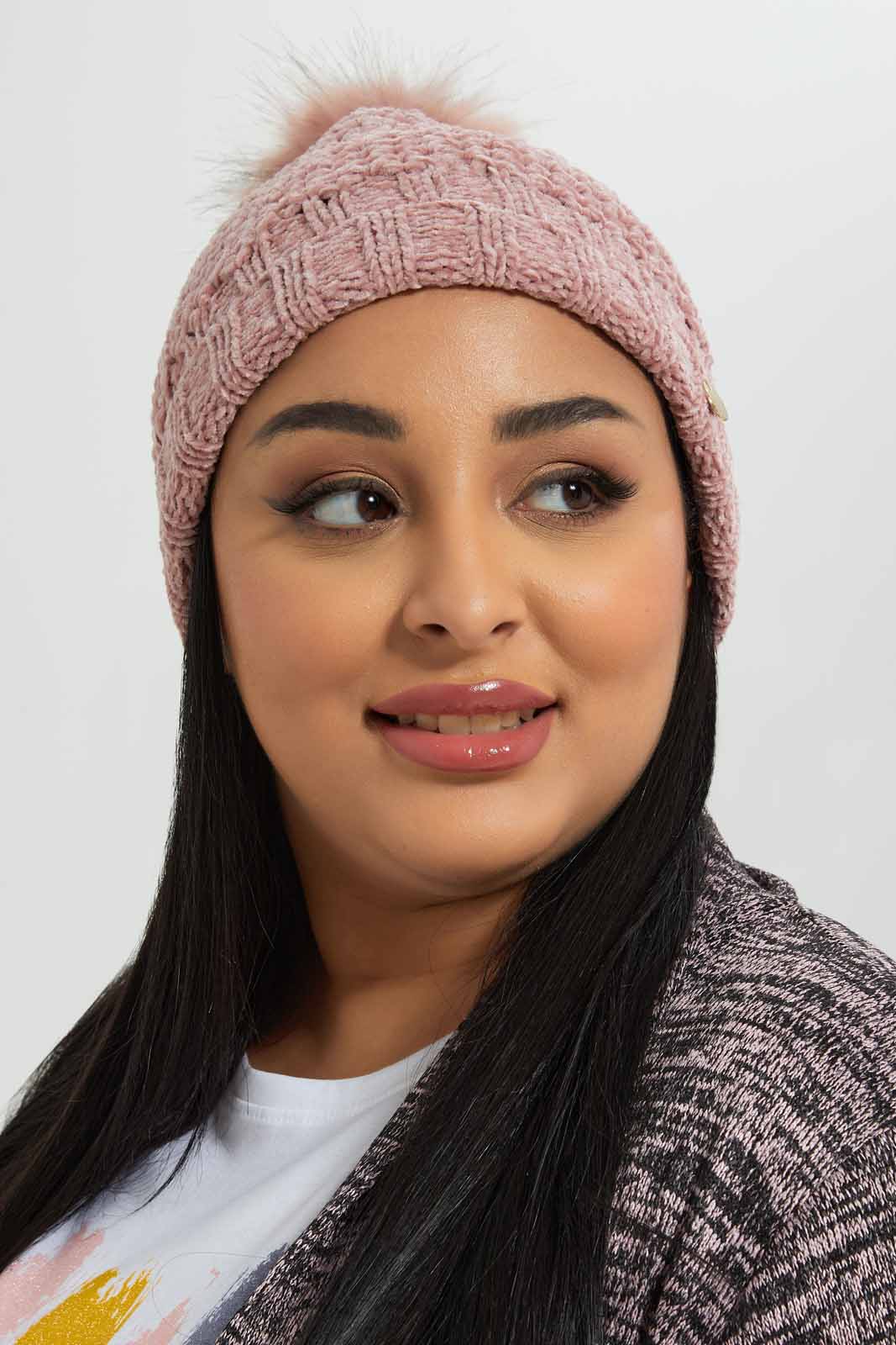 Women Pink And Beige Embellished Knitted Cap Set (2 Piece)