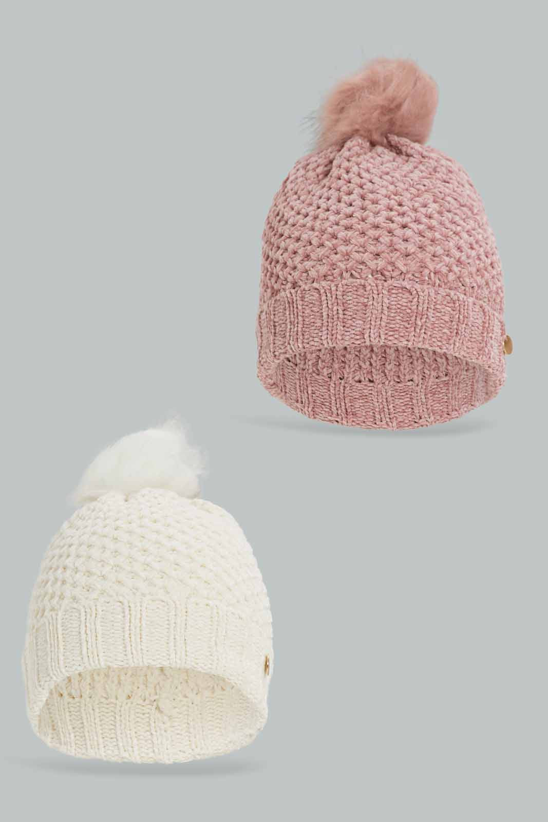 Redtag-White-&-Beige-Embellished-Set-Of-2-Knitted-Cap-Category:Knitted-Accessories,-Colour:Assorted,-Dept:Ladieswear,-Filter:Women's-Accessories,-New-In,-New-In-Women-ACC,-Non-Sale,-Section:Women,-W22A,-Women-Knitted-Accessories-Women-