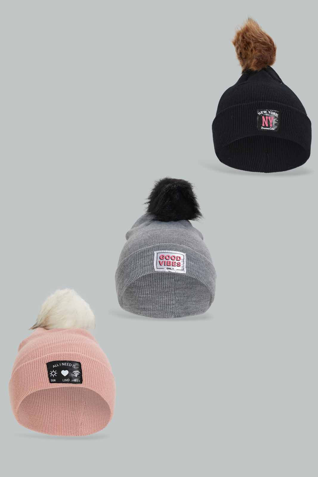 Redtag-Multi-Color-Pom-Pom-Embellished-Set-Of-3-Knitted-Cap-Category:Knitted-Accessories,-Colour:Assorted,-Dept:Ladieswear,-Filter:Women's-Accessories,-New-In,-New-In-Women-ACC,-Non-Sale,-Section:Women,-W22A,-Women-Knitted-Accessories-Women-