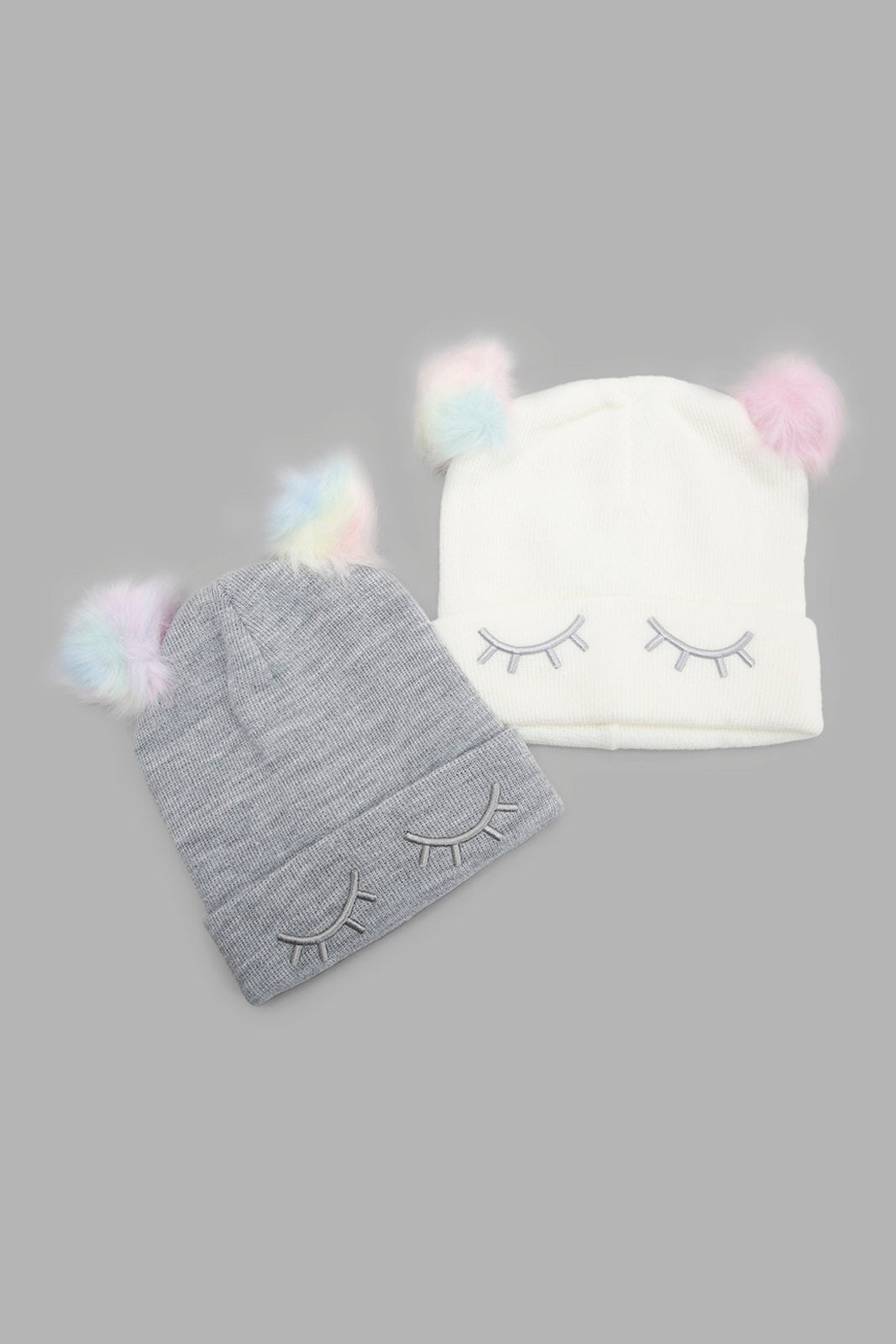 Redtag-Multi-Colour-Pom-Pom-Embellished-Knitted-Cap-Set-Of-2-Category:Knitted-Accessories,-Colour:Assorted,-Filter:Girls-Accessories,-GSR-Knitted-Accessories,-New-In,-New-In-GIR-ACC,-Non-Sale,-Section:Girls-(0-to-14Yrs),-W22B-Girls-