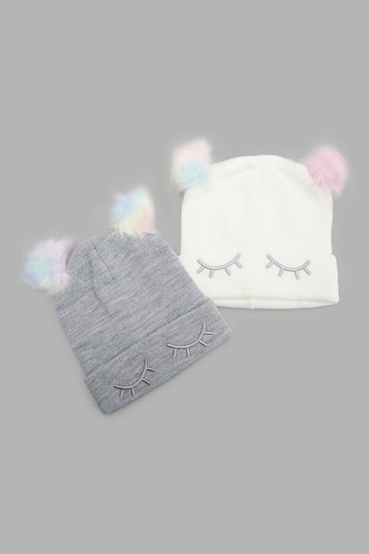 Redtag-Multi-Colour-Pom-Pom-Embellished-Knitted-Cap-Set-Of-2-Category:Knitted-Accessories,-Colour:Assorted,-Filter:Girls-Accessories,-GSR-Knitted-Accessories,-New-In,-New-In-GIR-ACC,-Non-Sale,-Section:Girls-(0-to-14Yrs),-W22B-Girls-