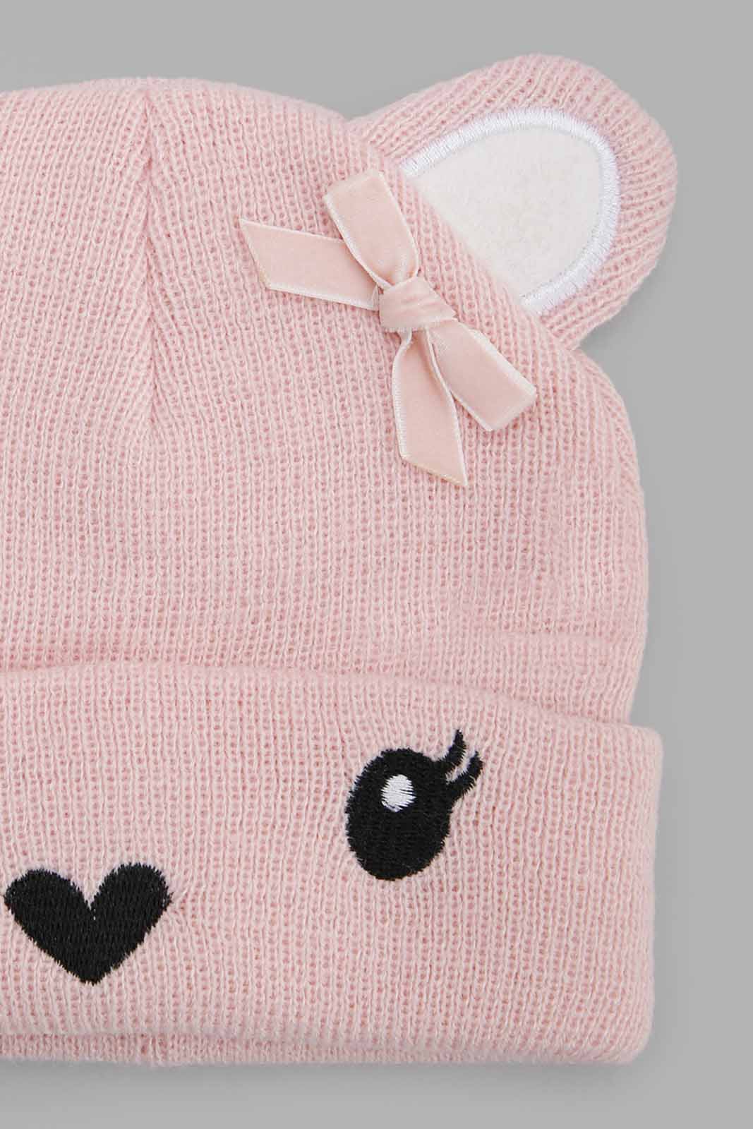 Redtag-Pink-And-White-Charcater-Embellished-Knitted-Cap-Set-Of-2-Category:Knitted-Accessories,-Colour:Assorted,-Filter:Girls-Accessories,-GIR-Knitted-Accessories,-New-In,-New-In-GIR-ACC,-Non-Sale,-Section:Girls-(0-to-14Yrs),-W22B-Girls-