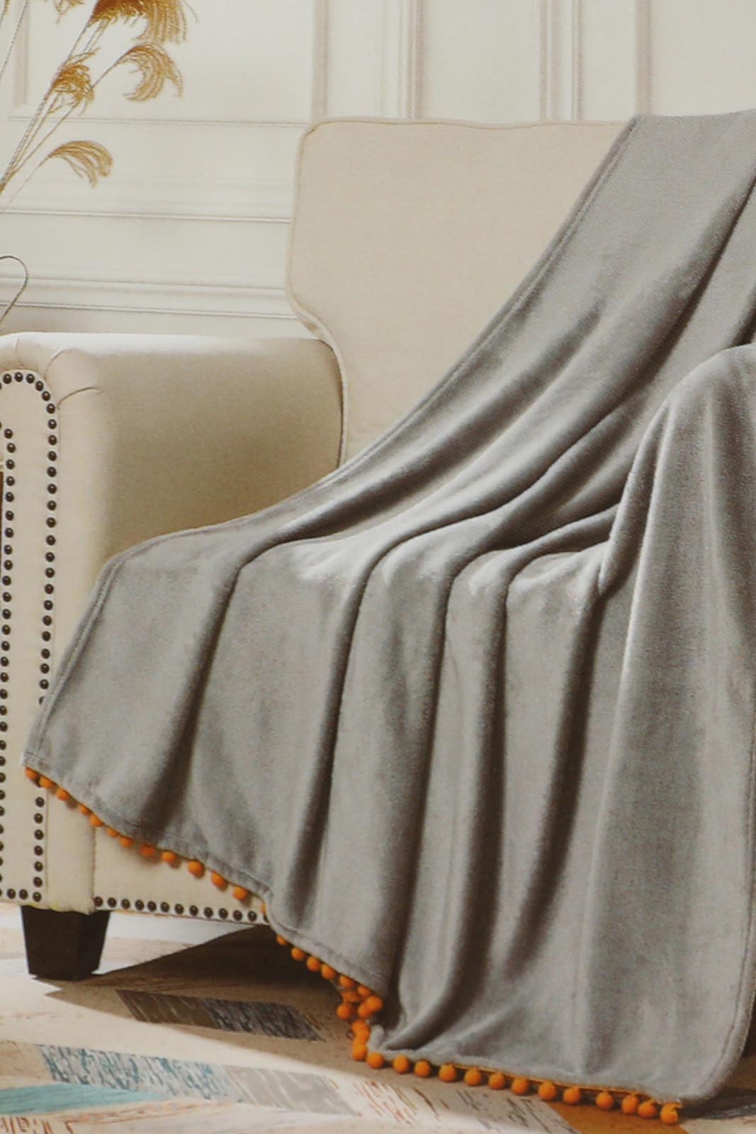 Redtag-Grey-Flannel-Throw-With-Yellow-Pompom-Category:Throws,-Colour:Grey,-Deals:New-In,-Dept:Home,-Filter:Home-Bedroom,-HMW-BED-Throws,-Nature,-New-In-HMW-BED,-Non-Sale,-Section:Homewares,-W22B-Home-Bedroom-