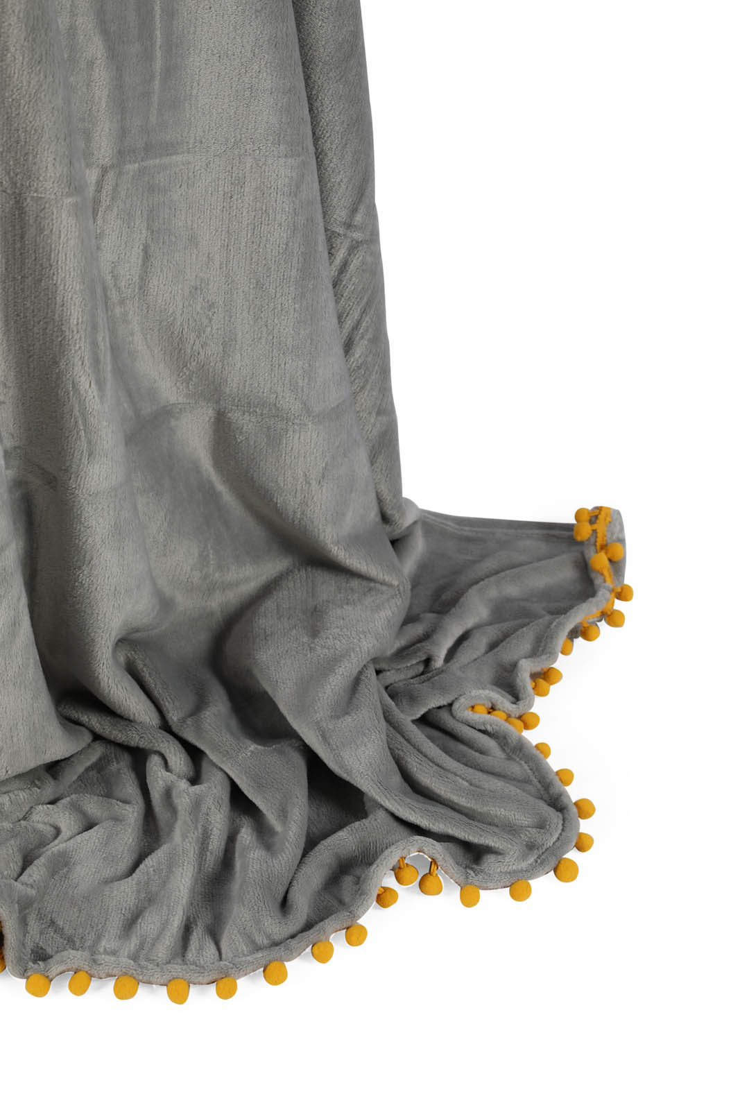 Redtag-Grey-Flannel-Throw-With-Yellow-Pompom-Category:Throws,-Colour:Grey,-Deals:New-In,-Dept:Home,-Filter:Home-Bedroom,-HMW-BED-Throws,-Nature,-New-In-HMW-BED,-Non-Sale,-Section:Homewares,-W22B-Home-Bedroom-