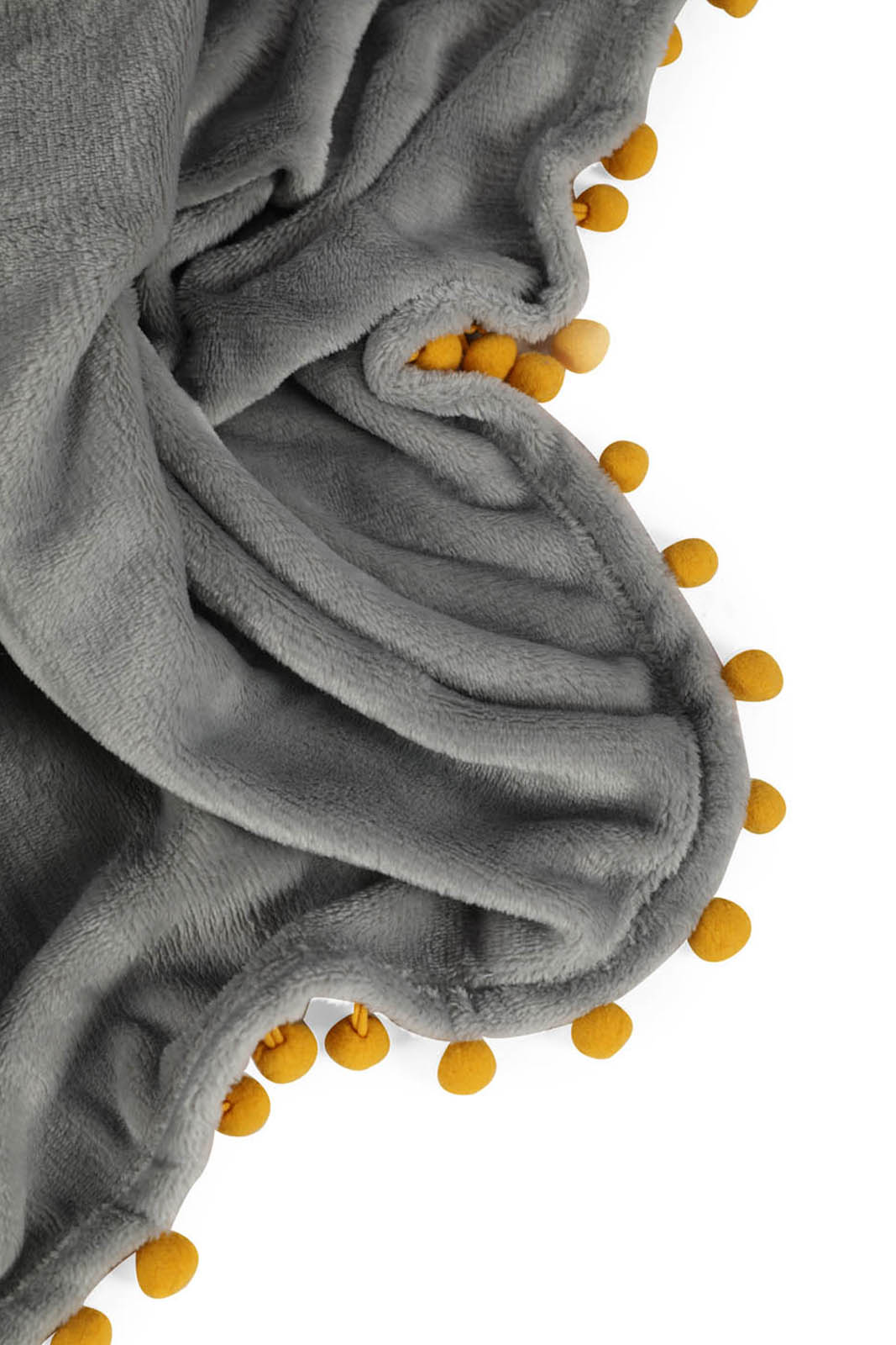 Redtag-Grey-Flannel-Throw-With-Yellow-Pompom-Category:Throws,-Colour:Grey,-Deals:New-In,-Dept:Home,-Filter:Home-Bedroom,-HMW-BED-Throws,-Nature,-New-In-HMW-BED,-Non-Sale,-Section:Homewares,-W22B-Home-Bedroom-