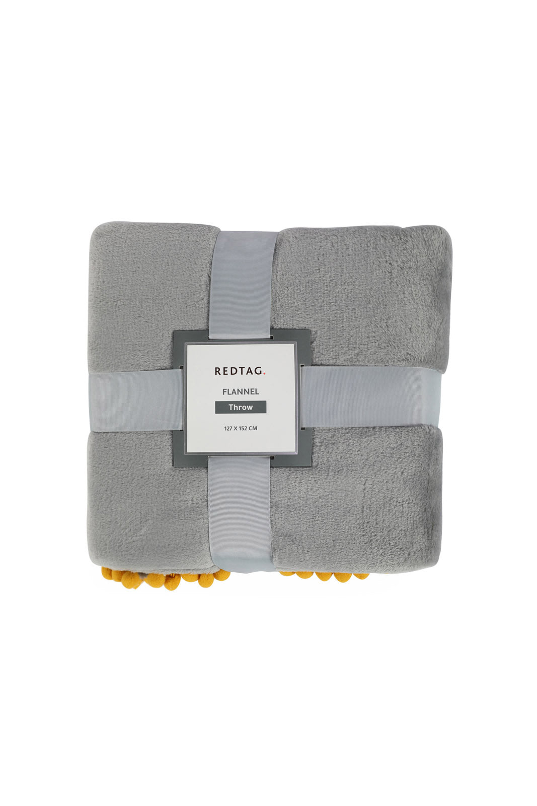 Redtag-Grey-Flannel-Throw-With-Yellow-Pompom-Category:Throws,-Colour:Grey,-Deals:New-In,-Dept:Home,-Filter:Home-Bedroom,-HMW-BED-Throws,-Nature,-New-In-HMW-BED,-Non-Sale,-Section:Homewares,-W22B-Home-Bedroom-