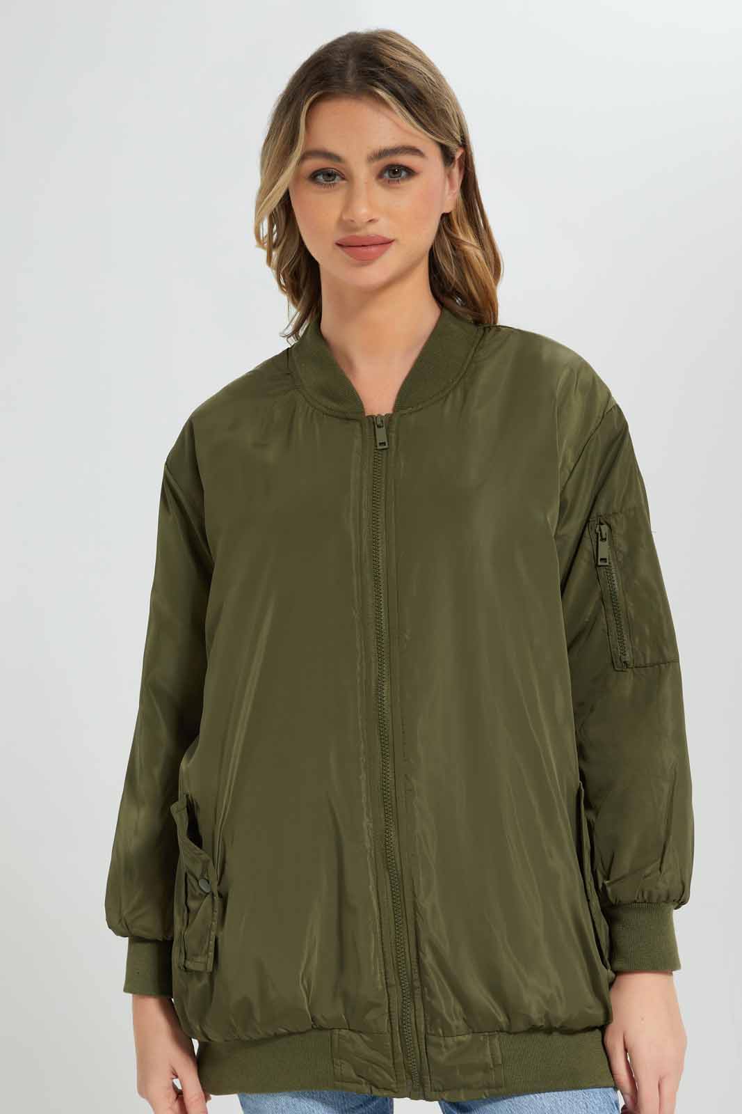 Redtag-Women-Brown-Long-Bomber-Jacket-Category:Jackets,-Colour:Brown,-Deals:New-In,-Filter:Women's-Clothing,-New-In-Women-APL,-Non-Sale,-Section:Women,-W22A,-Women-Jackets-Women's-