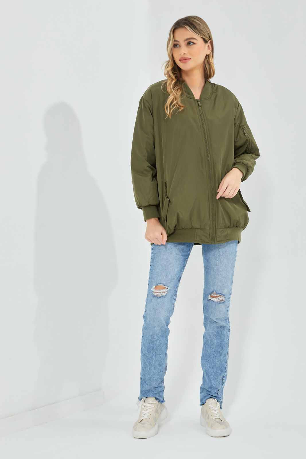 Redtag-Women-Brown-Long-Bomber-Jacket-Category:Jackets,-Colour:Brown,-Deals:New-In,-Filter:Women's-Clothing,-New-In-Women-APL,-Non-Sale,-Section:Women,-W22A,-Women-Jackets-Women's-