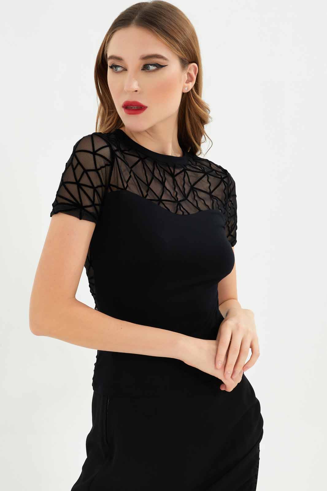 Redtag-Women-Black-Crewneck-Flock-Print-Top-Category:Tops,-Colour:Black,-Deals:New-In,-Dept:Ladieswear,-Filter:Women's-Clothing,-LEC,-LEC-Tops,-New-In-LEC-APL,-Non-Sale,-S23A,-Section:Women-Women's-