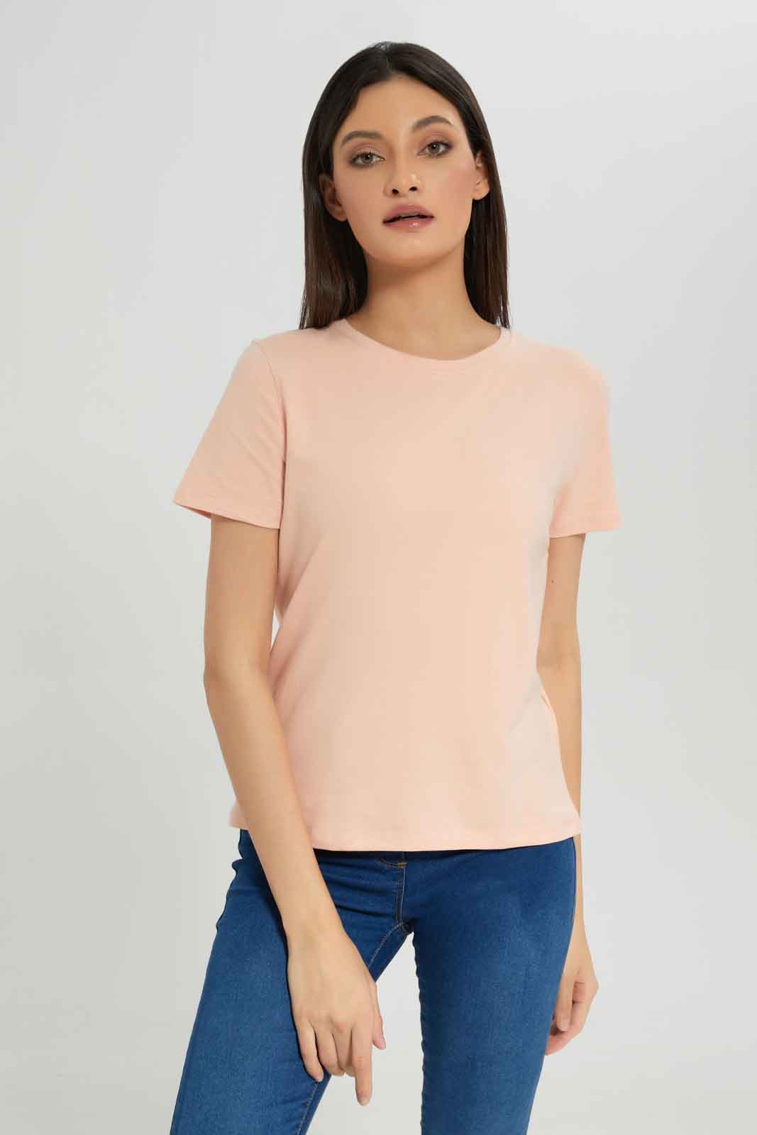 Redtag-Women-Blush-Short-Sleeve-Crew-Neck-T-Shirt-Category:T-Shirts,-Colour:Apricot,-Deals:New-In,-Dept:Ladieswear,-Filter:Women's-Clothing,-New-In-Women-APL,-Non-Sale,-Section:Women,-TBL,-W22B,-Women-T-Shirts-Women's-