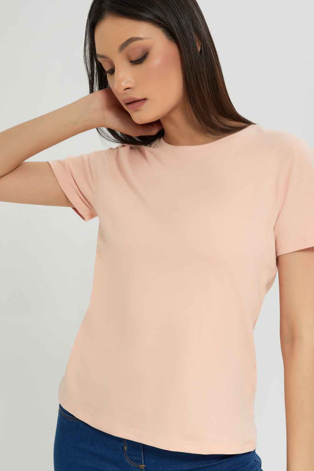 Redtag-Women-Blush-Short-Sleeve-Crew-Neck-T-Shirt-Category:T-Shirts,-Colour:Apricot,-Deals:New-In,-Dept:Ladieswear,-Filter:Women's-Clothing,-New-In-Women-APL,-Non-Sale,-Section:Women,-TBL,-W22B,-Women-T-Shirts-Women's-