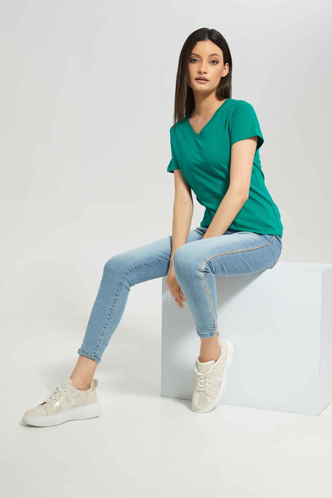 Redtag-Women-Green-Short-Sleeve-V-Neck-T-Shirt-Category:T-Shirts,-Colour:Green,-Deals:New-In,-Dept:Ladieswear,-Filter:Women's-Clothing,-New-In-Women-APL,-Non-Sale,-Section:Women,-TBL,-W22B,-Women-T-Shirts-Women's-