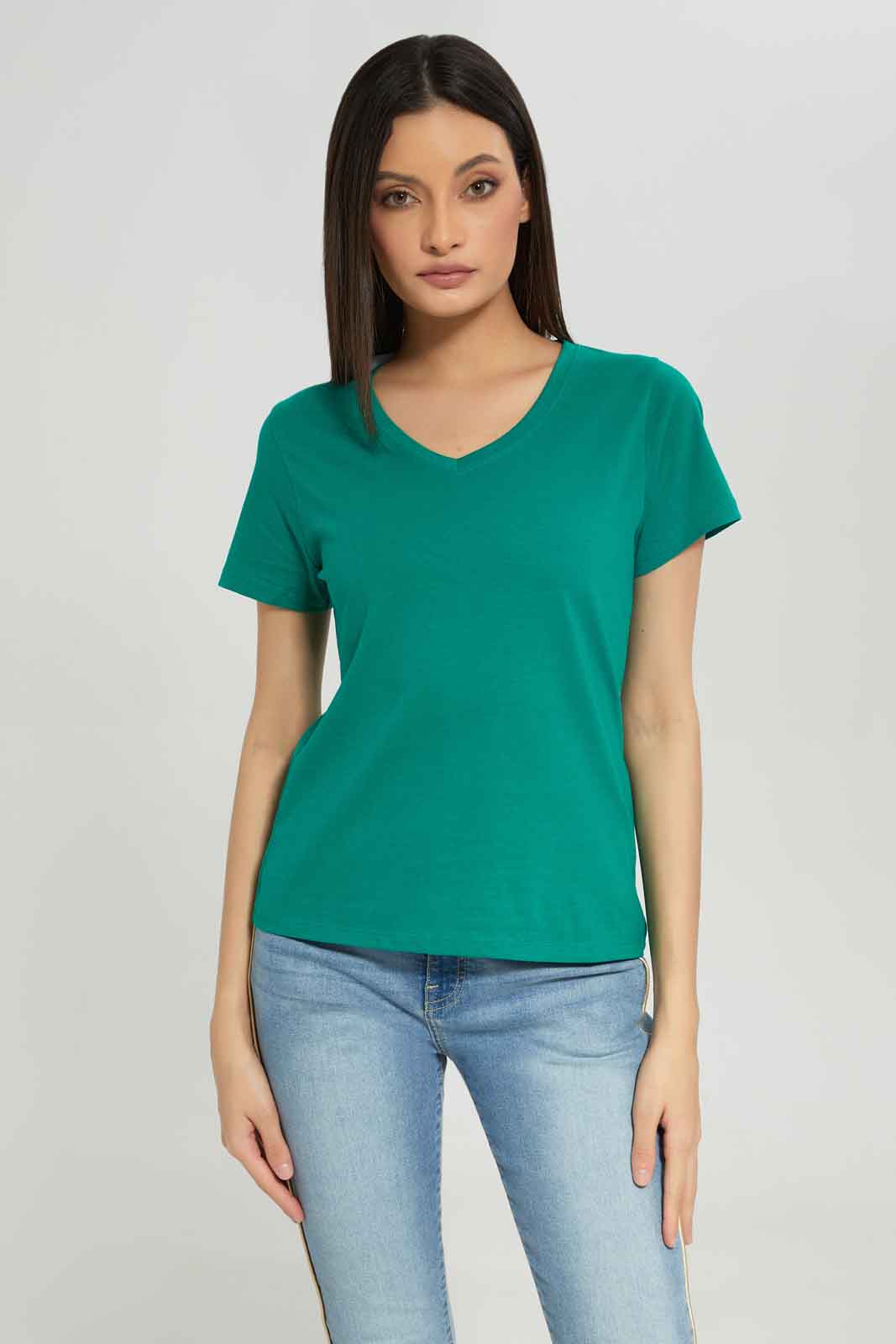 Redtag-Women-Green-Short-Sleeve-V-Neck-T-Shirt-Category:T-Shirts,-Colour:Green,-Deals:New-In,-Dept:Ladieswear,-Filter:Women's-Clothing,-New-In-Women-APL,-Non-Sale,-Section:Women,-TBL,-W22B,-Women-T-Shirts-Women's-