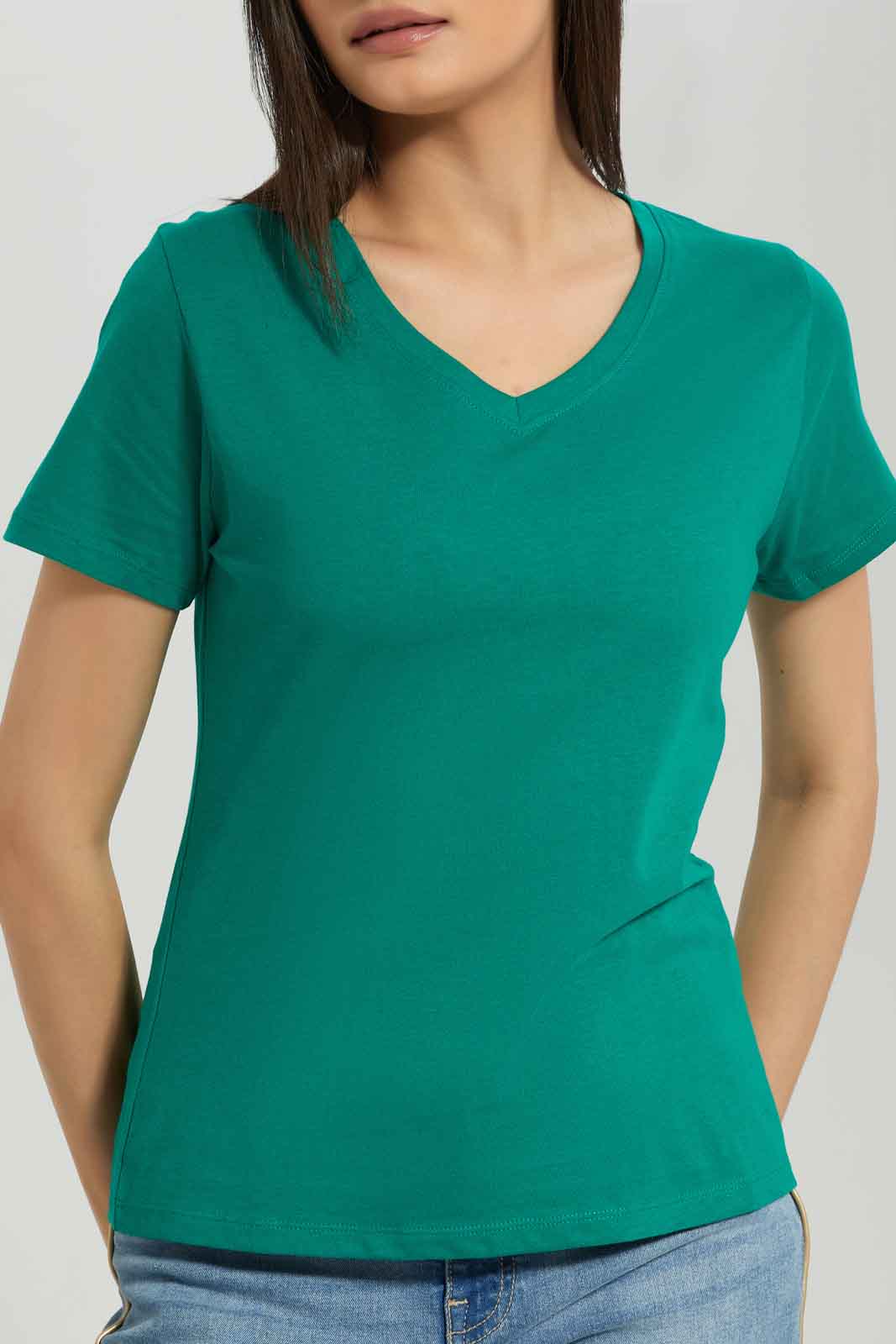 Redtag-Women-Green-Short-Sleeve-V-Neck-T-Shirt-Category:T-Shirts,-Colour:Green,-Deals:New-In,-Dept:Ladieswear,-Filter:Women's-Clothing,-New-In-Women-APL,-Non-Sale,-Section:Women,-TBL,-W22B,-Women-T-Shirts-Women's-
