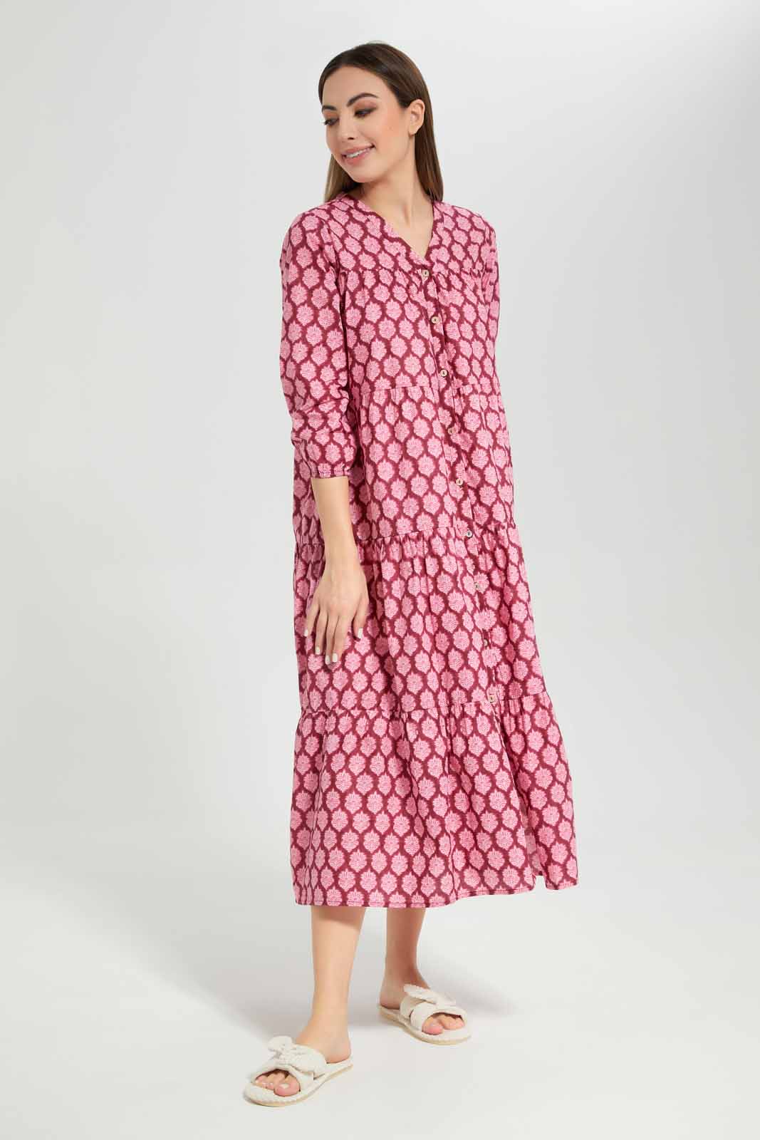 Redtag-Women-Fuchsia-Aop-Long-Sleeves-Nightgown-Category:Nightgowns,-Colour:Fuchsia,-Deals:New-In,-Filter:Women's-Clothing,-New-In-Women-APL,-Non-Sale,-Section:Women,-W22B,-Women-Nightgowns--