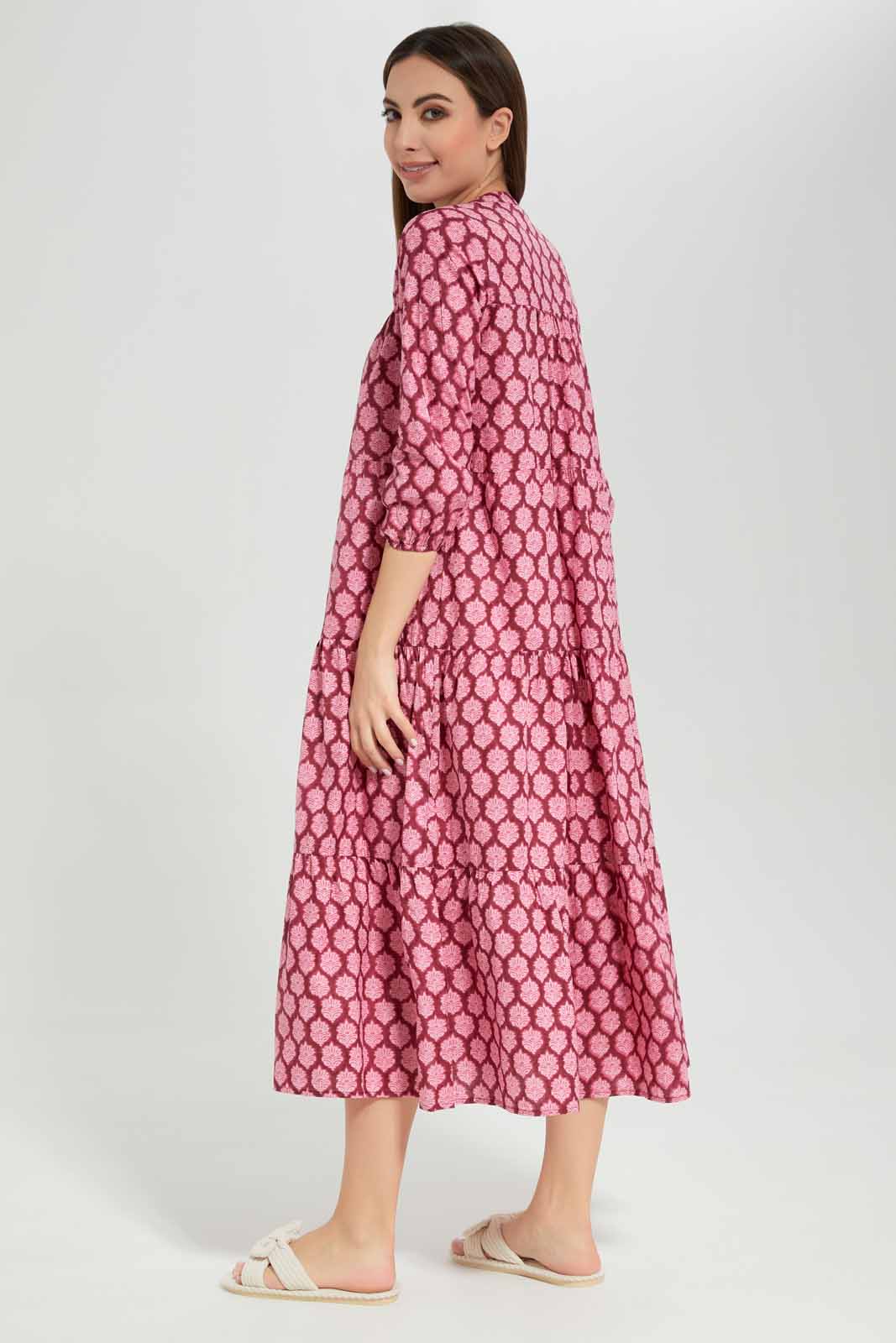 Redtag-Women-Fuchsia-Aop-Long-Sleeves-Nightgown-Category:Nightgowns,-Colour:Fuchsia,-Deals:New-In,-Filter:Women's-Clothing,-New-In-Women-APL,-Non-Sale,-Section:Women,-W22B,-Women-Nightgowns--