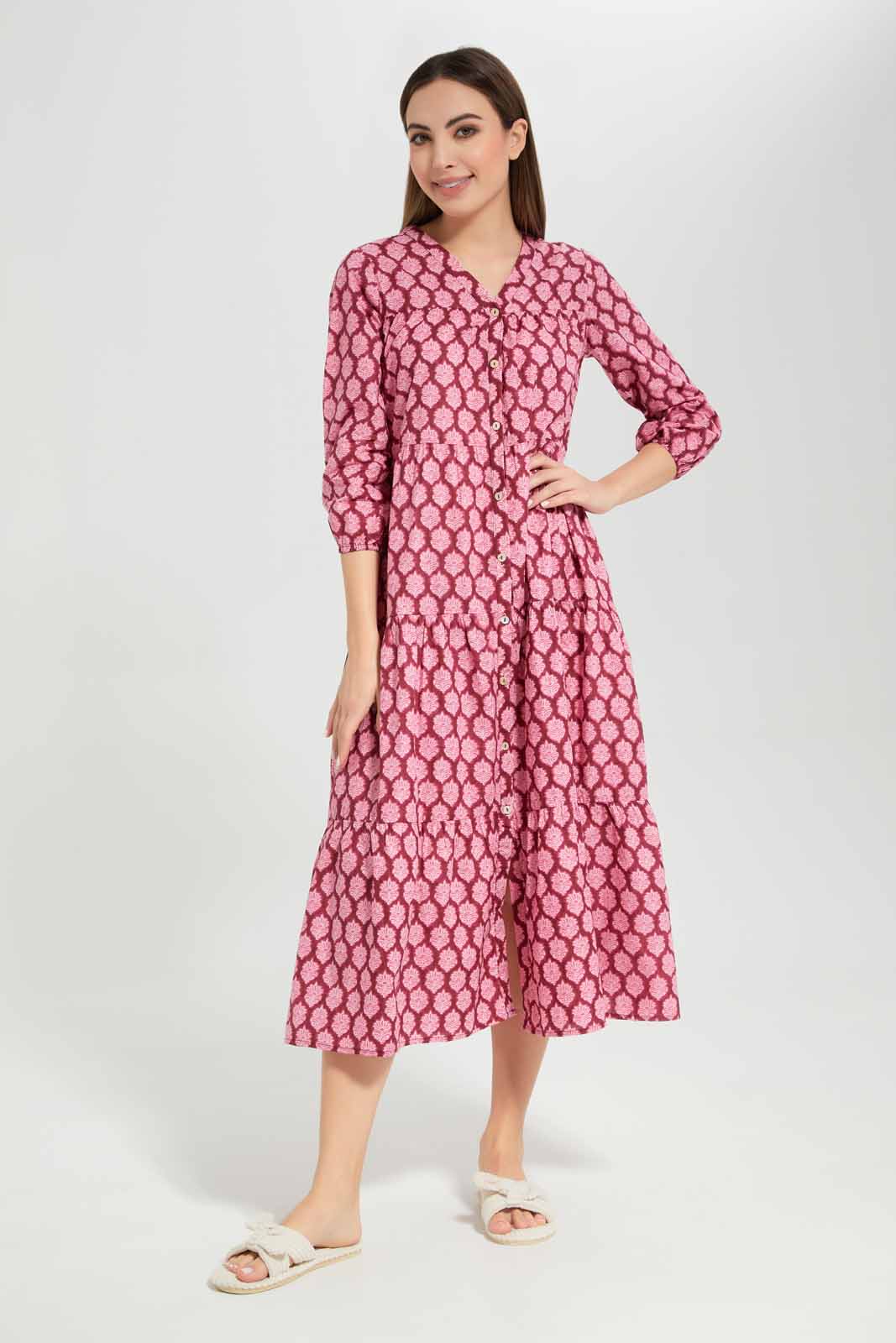 Redtag-Women-Fuchsia-Aop-Long-Sleeves-Nightgown-Category:Nightgowns,-Colour:Fuchsia,-Deals:New-In,-Filter:Women's-Clothing,-New-In-Women-APL,-Non-Sale,-Section:Women,-W22B,-Women-Nightgowns--