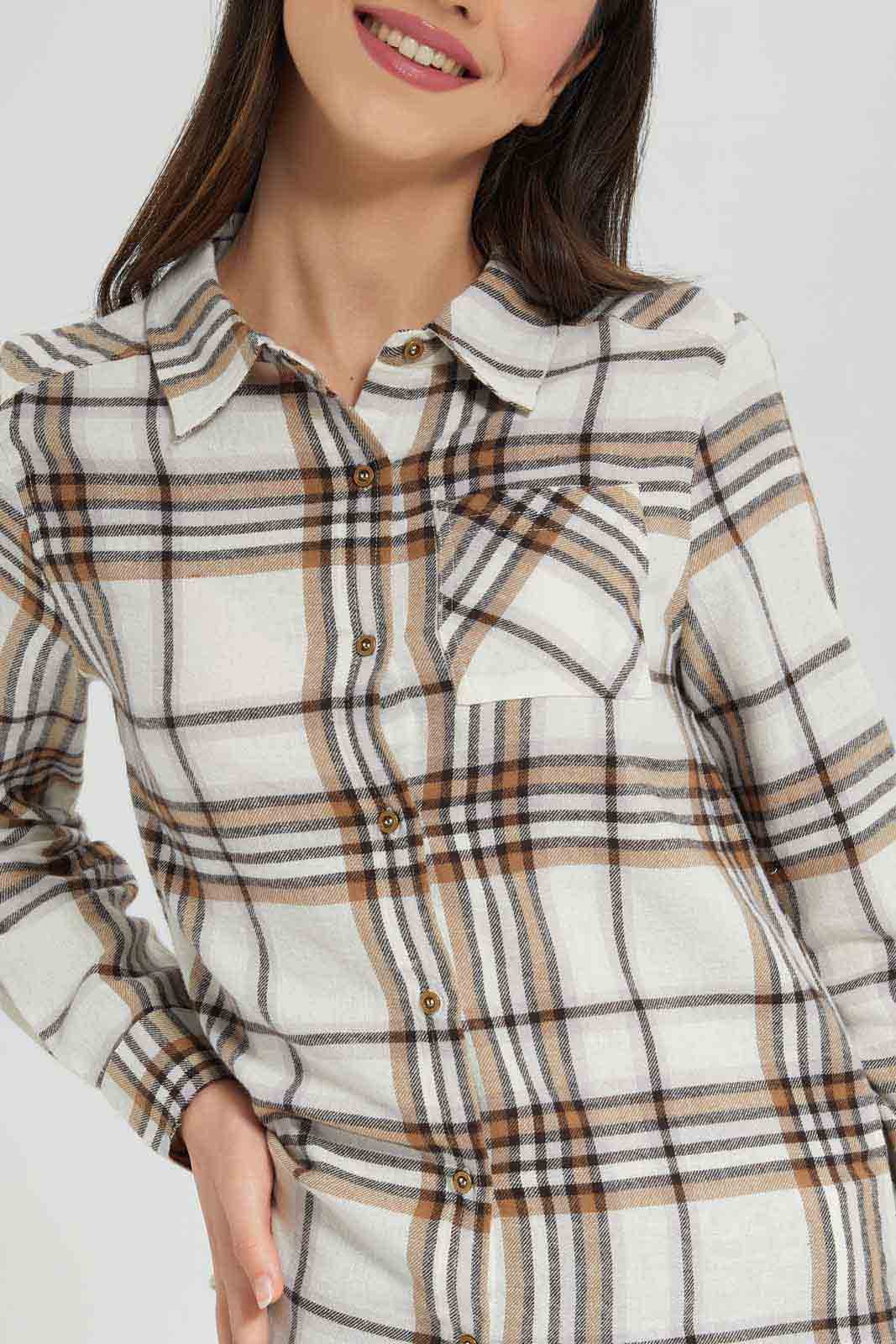 Redtag-Girls-White/Beige-Flannel-Shirt-Category:Blouses,-Colour:Assorted,-Deals:New-In,-Dept:Girls,-Filter:Senior-Girls-(8-to-14-Yrs),-GSR-Blouses,-New-In-GSR-APL,-Non-Sale,-Section:Girls-(0-to-14Yrs),-W22B-Senior-Girls-9 to 14 Years