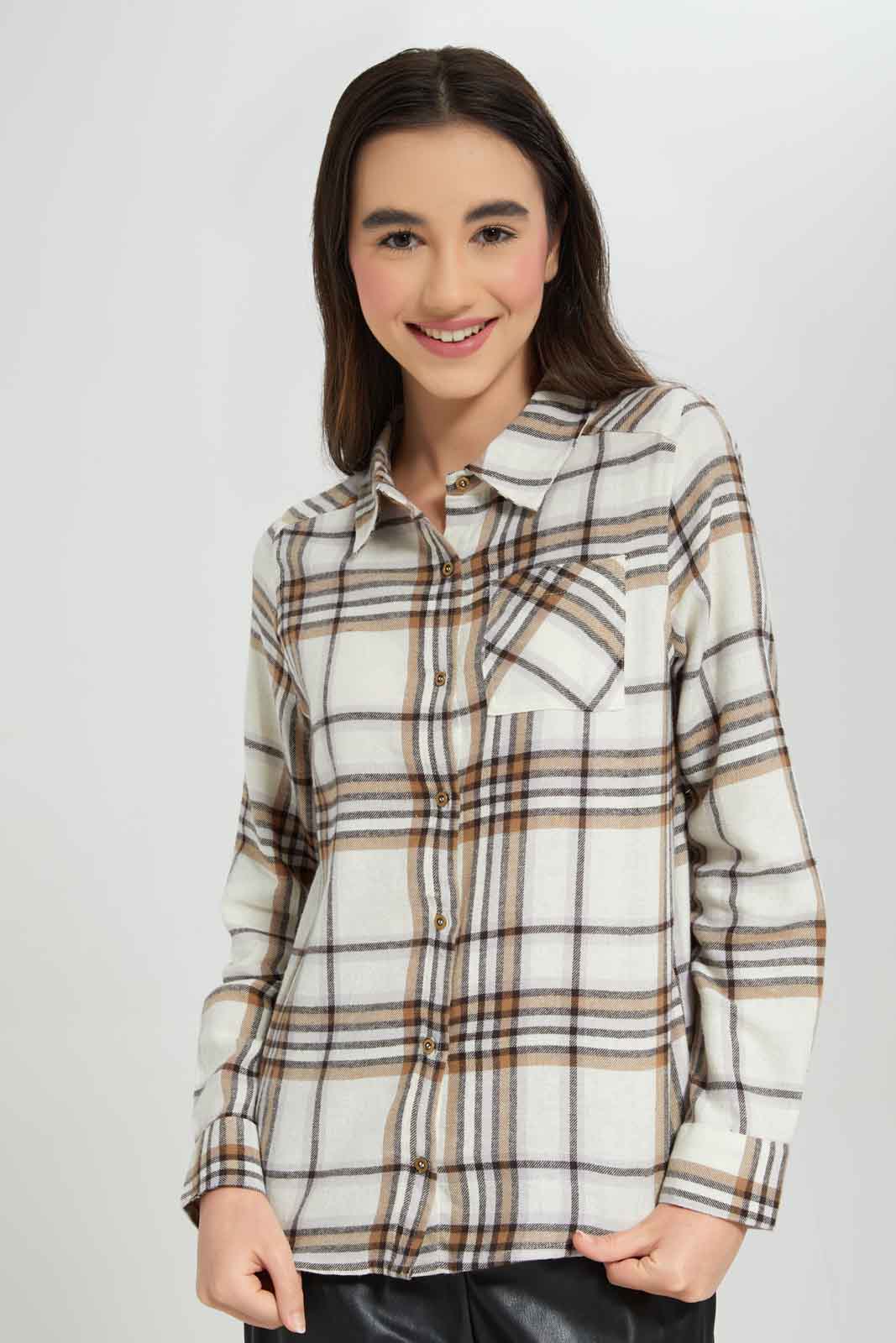 Redtag-Girls-White/Beige-Flannel-Shirt-Category:Blouses,-Colour:Assorted,-Deals:New-In,-Dept:Girls,-Filter:Senior-Girls-(8-to-14-Yrs),-GSR-Blouses,-New-In-GSR-APL,-Non-Sale,-Section:Girls-(0-to-14Yrs),-W22B-Senior-Girls-9 to 14 Years