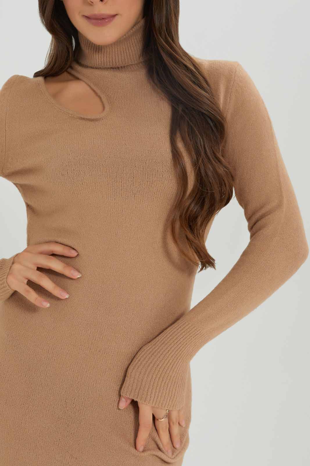 Redtag-Women--Brown-Natural-Neck-Detail-Bodycon-Dress-Category:Dresses,-Colour:Brown,-Deals:New-In,-Dept:Ladieswear,-Filter:Women's-Clothing,-New-In-Women-APL,-Non-Sale,-Section:Women,-W22B,-Women-Dresses-Women's-