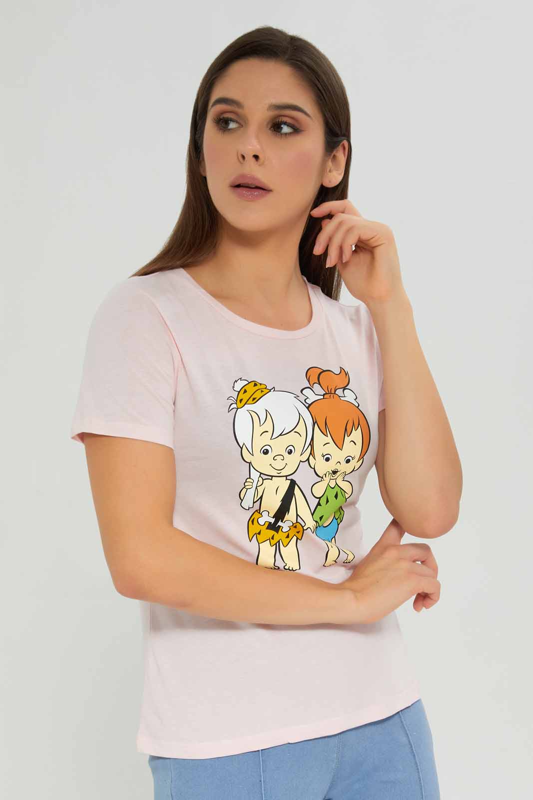 Redtag-Women-Pale-Pink-Flinstone-Printed-T-Shirt-Category:T-Shirts,-Colour:Apricot,-Deals:New-In,-Dept:Ladieswear,-Filter:Women's-Clothing,-New-In-Women-APL,-Non-Sale,-Section:Women,-TBL,-W22A,-Women-T-Shirts-Women's-